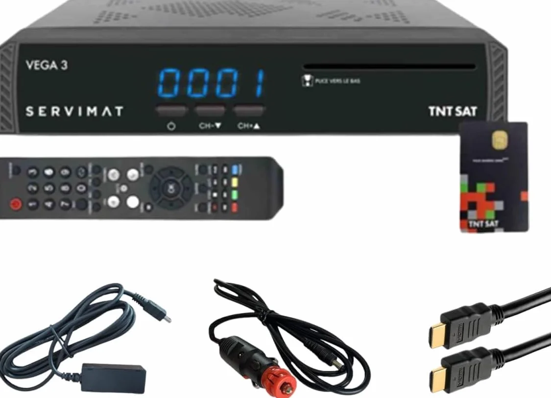 Pack SERVIMAT Récepteur Satellite Full HD + Carte TNTSAT V6 + Câble HDMI + Câble 12V + Déport IR