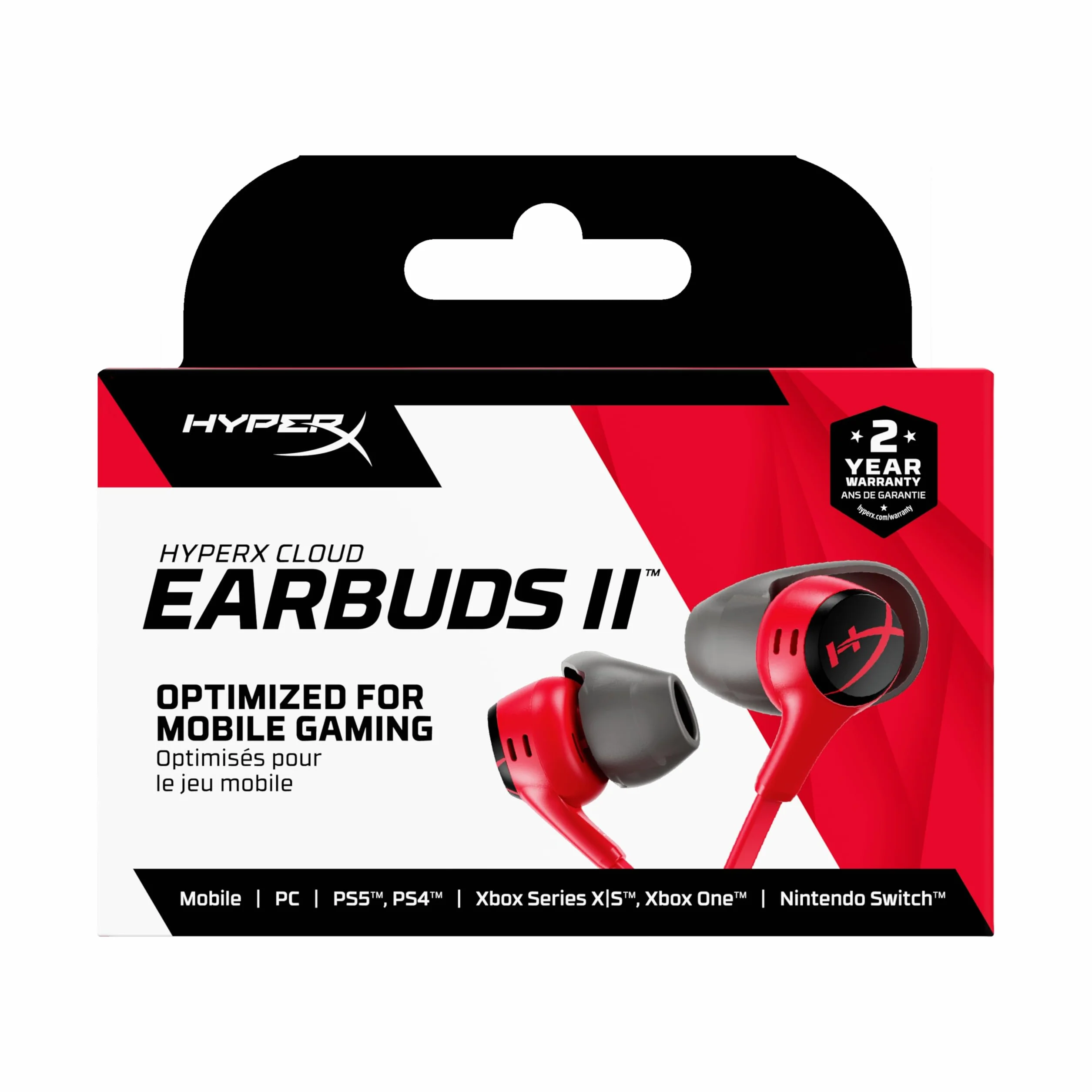 HyperX Cloud Earbuds II Écouteurs Gaming, Audio Immersif, Microphone Intégré, Prise Jack 3.5mm Coudée, Quatre Tailles d'Embouts, Pochette de Transport, Rouge