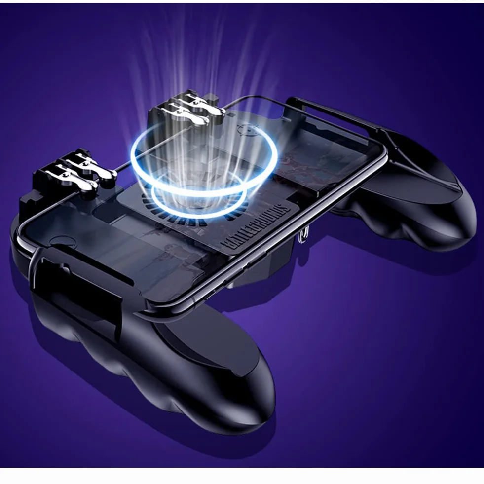 Manette Telephone avec Ventilateur, Contrôleur de Jeu Mobile Portable 6 Doigts Gamepad Joystick L1R1 L2R2 pour PUBG Android iOS iPhone Samsung Huawei Smartphone