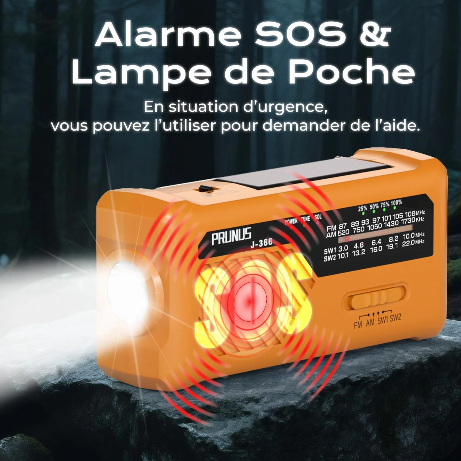 PRUNUS J-366 Radio Portable d'Urgence à Manivelle avec Batterie Rechargeable 2000mAh, Alarme SOS, Lampe de Poche, USB-C, Solaire