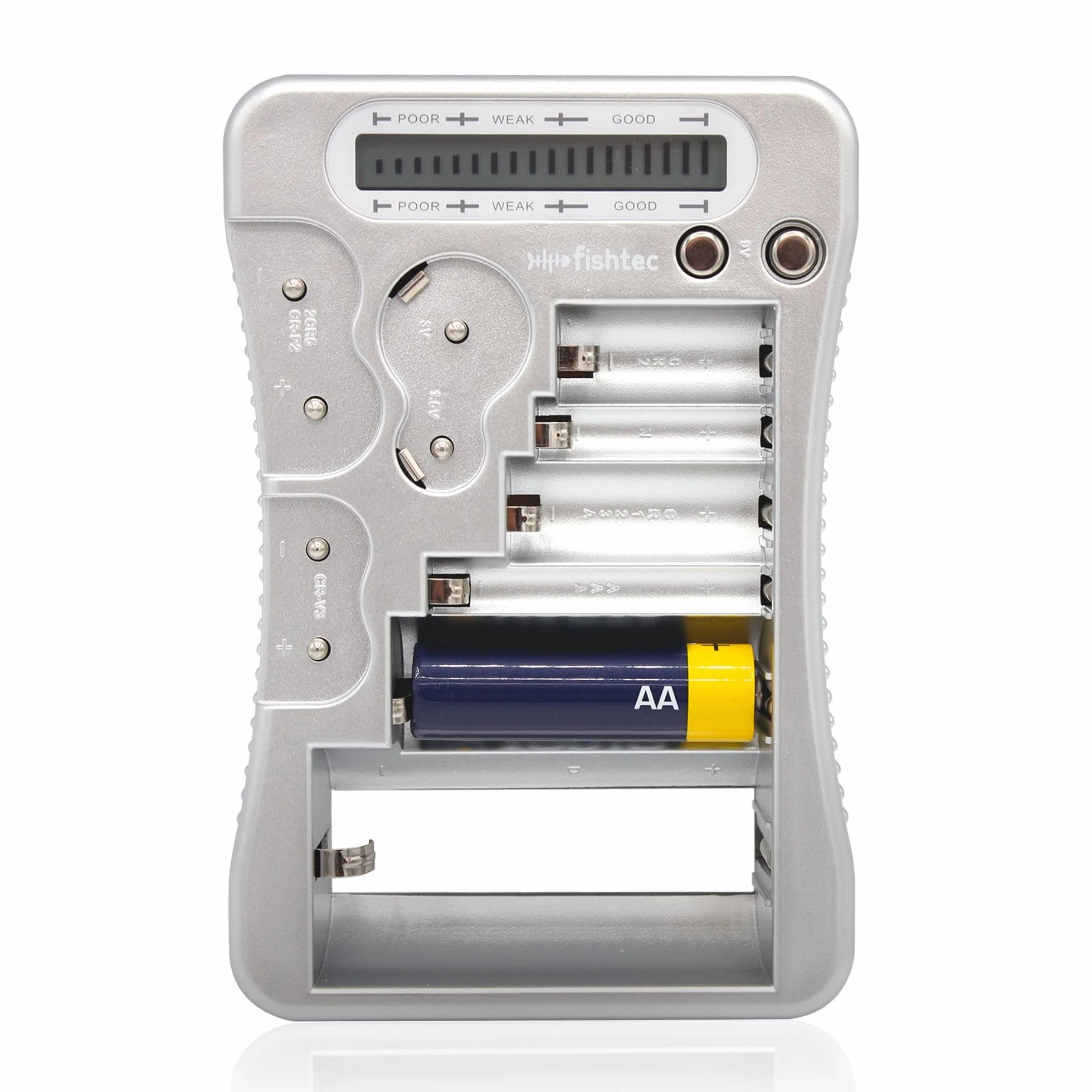 FISHTEC Testeur de Piles Universel Écran LCD 16 Barres AAA AA C D 9V Piles Bouton 1,5-3V Compact 11,9x8,8x2,3 cm
