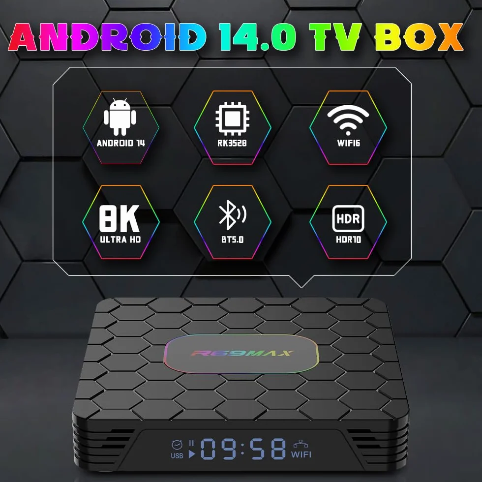 Android TV Box,R69MAX Android 14.0 TV Box with 4Go RAM 64Go ROM RK3528 Quad Core Arm Cortex A53 Mali-450 GPU Support 8K 3D 1080P 2.4/5.0GHz WiFi BT5.0 10/100M Ethernet DLNA HDMI2.0 USB3.0 H.265