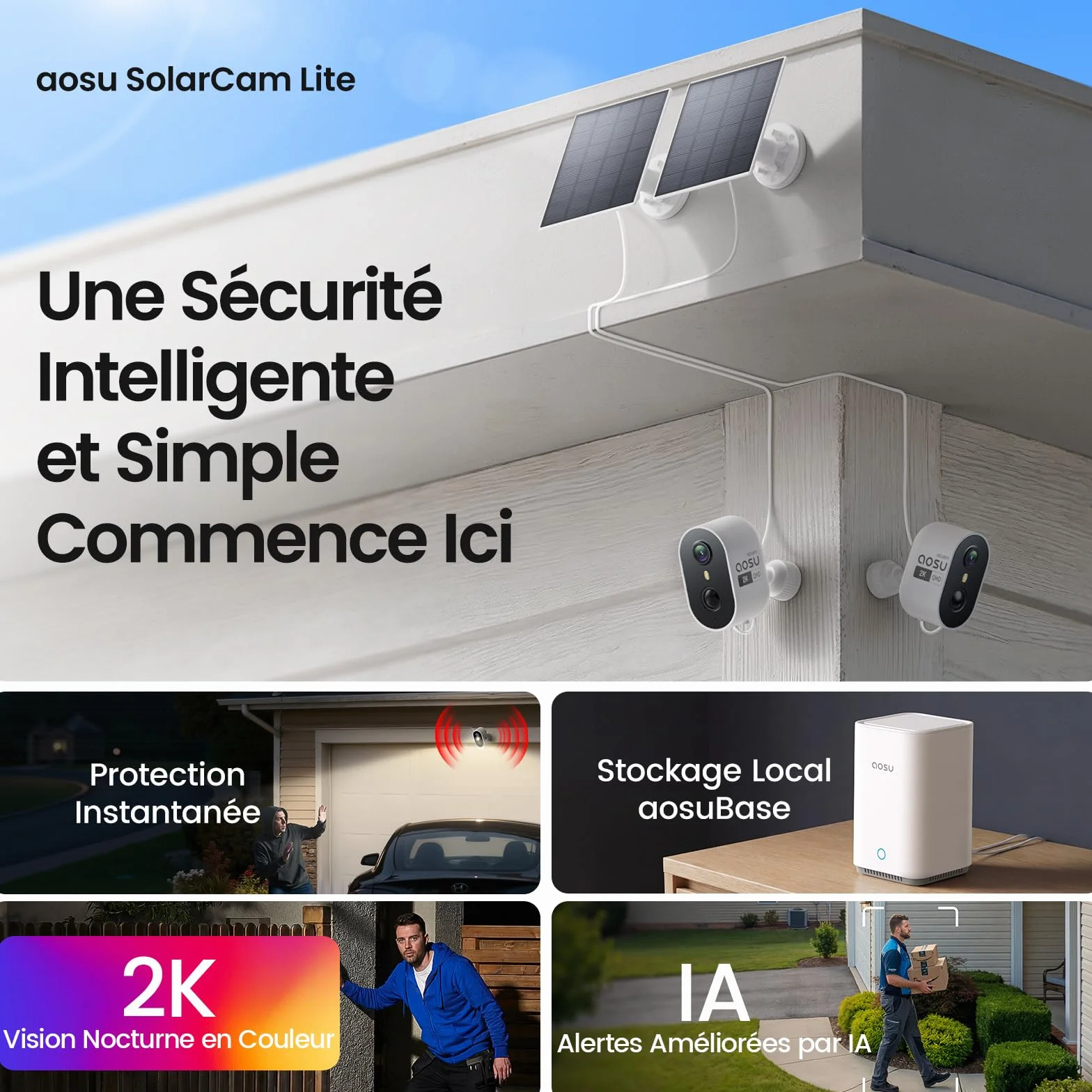aosu 2K Camera Surveillance WiFi Exterieure sans Fil Solaire, Kit 4 Cam + aosuBase 2.0, sans Abonnement Requis, Extensible Jusqu’à 1 to, Vision Nocturne Couleur AI PIR Détection Suivi Inter-Caméras