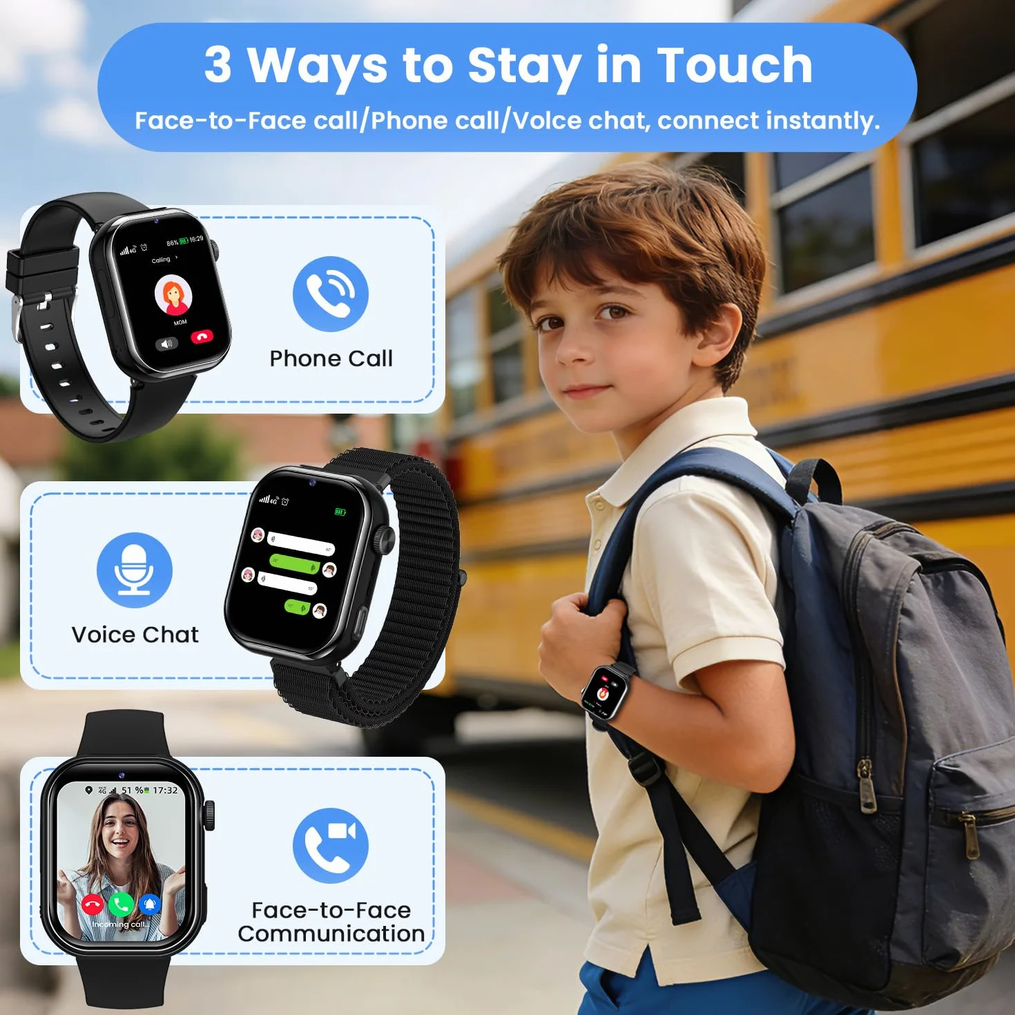 4G Montre Connectée Enfant, Montre Telephone Enfant avec GPS, Double Caméra, Appel Vidéo, Chat Vocal, SOS, Mode Classe, Lampe Torche, IP68, Podomètre, Cadeau pour Garçons Filles, Noir, Garantie 3 Ans