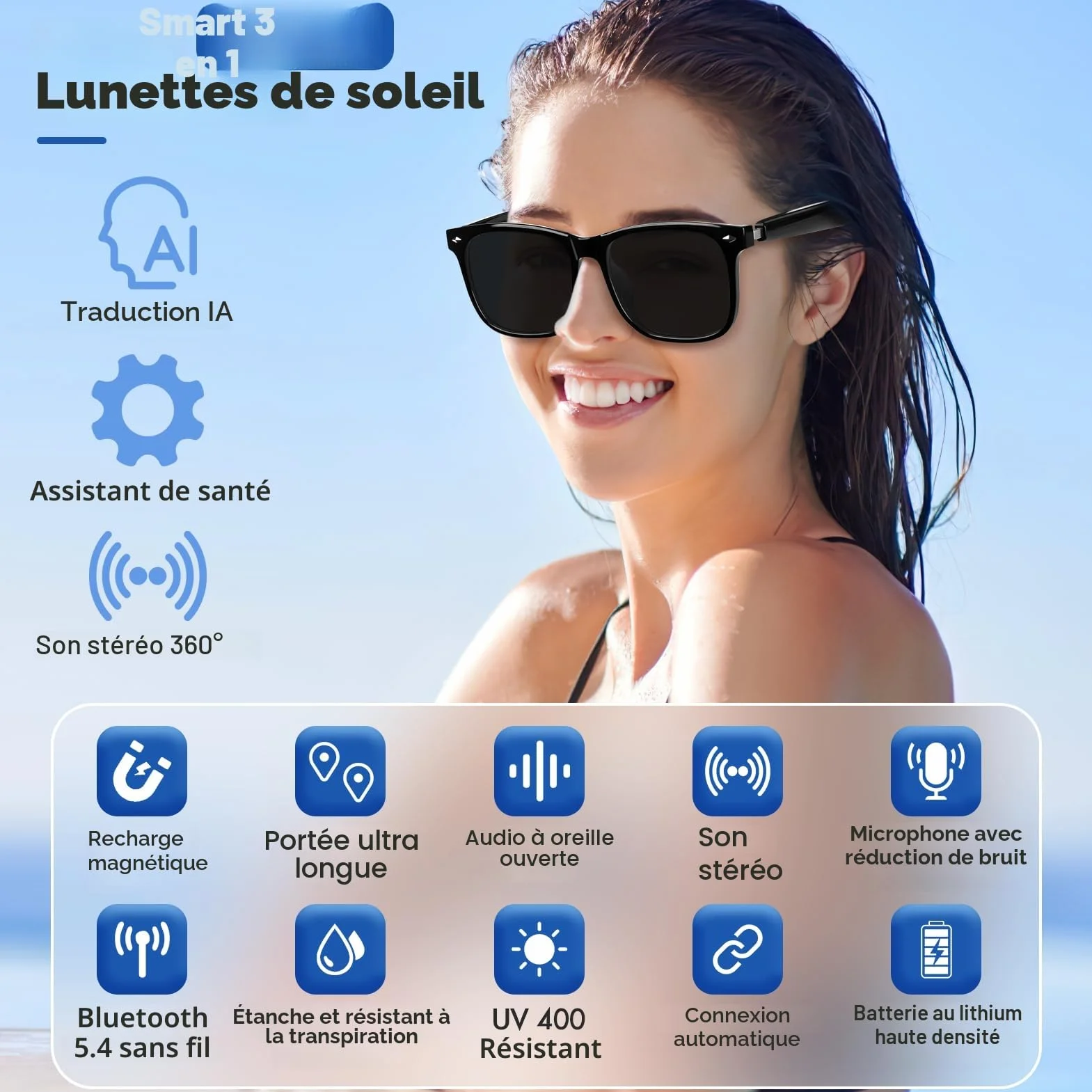 Lunettes intelligentes Bluetooth avec haut-parleur, 115 langues, traduction en temps réel, protection UV, verres polarisés, pour homme et femme, jeux, réunions, voyages