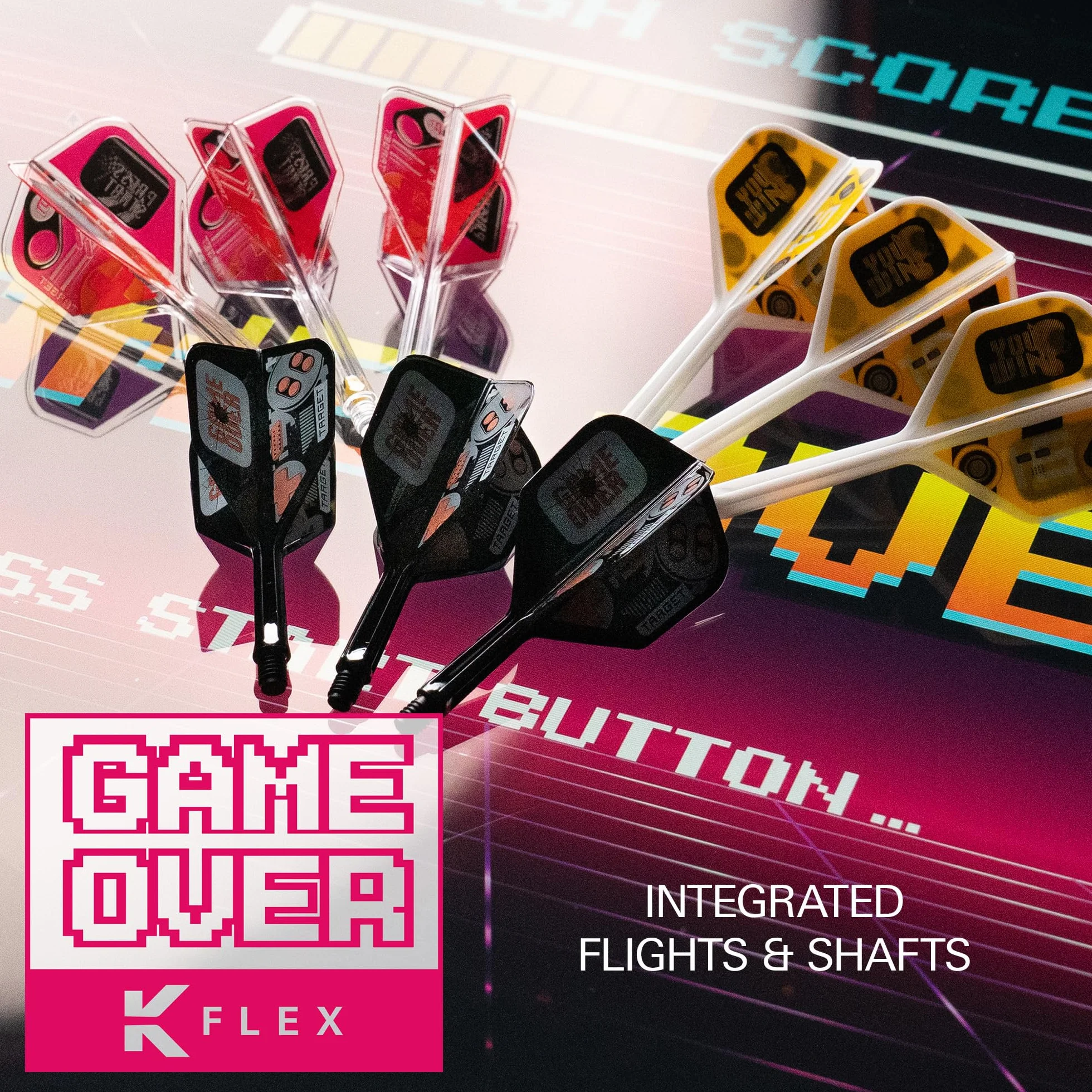 Target Darts K-Flex Game Over/Press Start/You Win Fléchettes Ailettes et Arbres N° 6 Lot de 3 Systèmes Intégrés Kflex Vol et Arbre Tige Moulée Tout-en-Un Court Intermédiaire Moyen