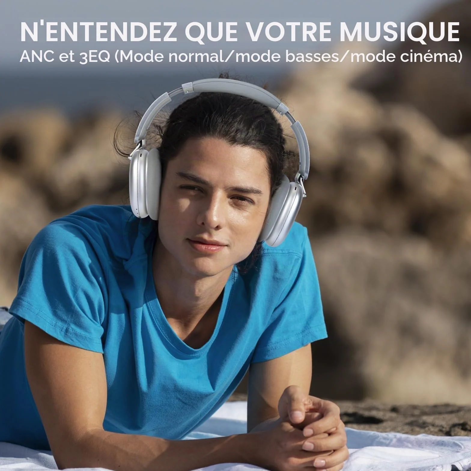 Casque Audio C6 à réduction Active du Bruit, Casque Bluetooth Supra-auriculaire sans Fil, Design Pliable léger, Oreillettes Confortables avec Basses Profondes, avec Micro Argent