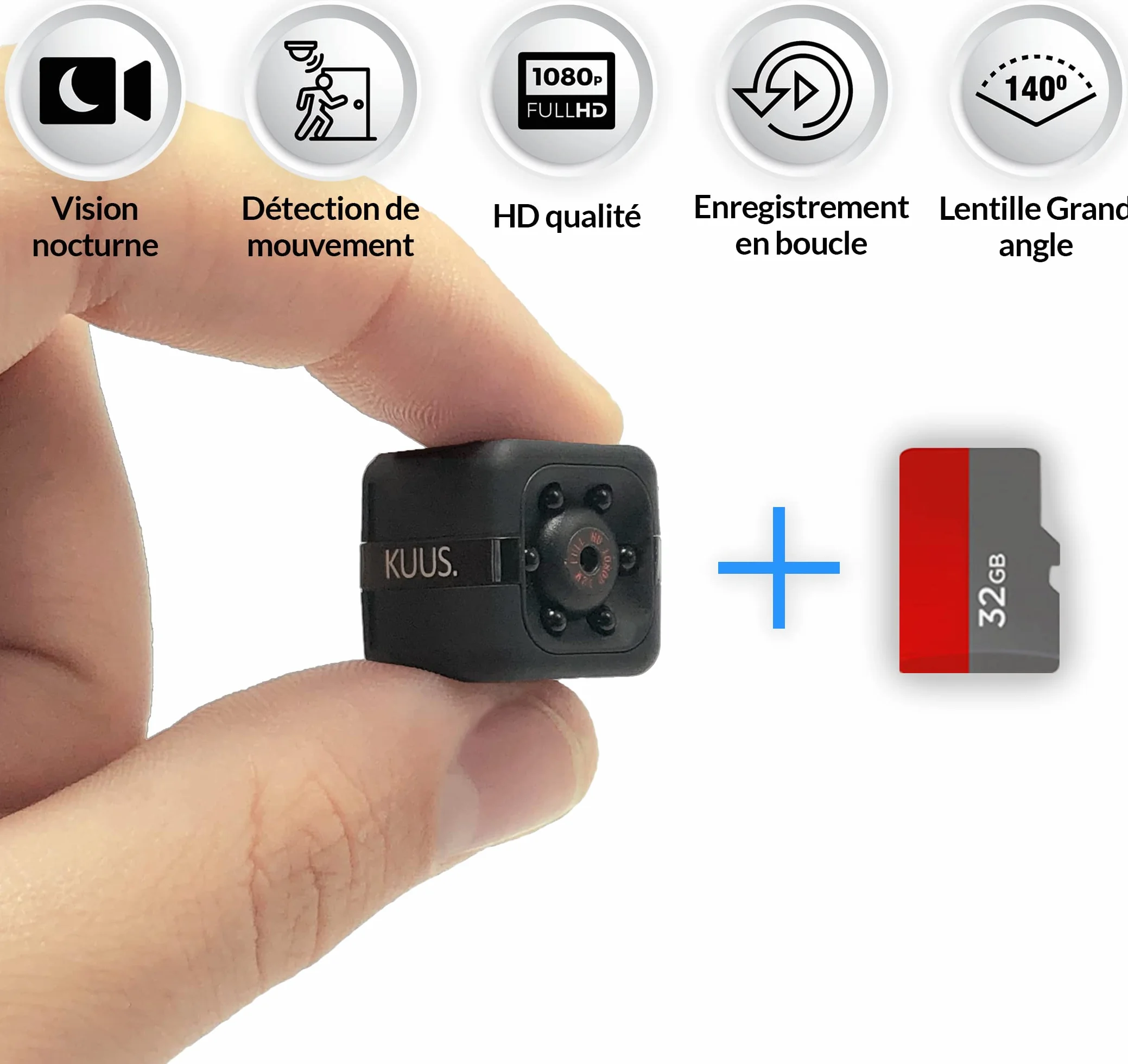 KUUS C1 Plus Petite Mini Caméra Espion d'europe 2,3cm Caméra Cachée sans WiFi Full HD 1080P, Micro Espion Discrète, Camera Surveillance sans Internet, SD 32 Go Class 10 U3 ISO 10000+ Vendus Pack