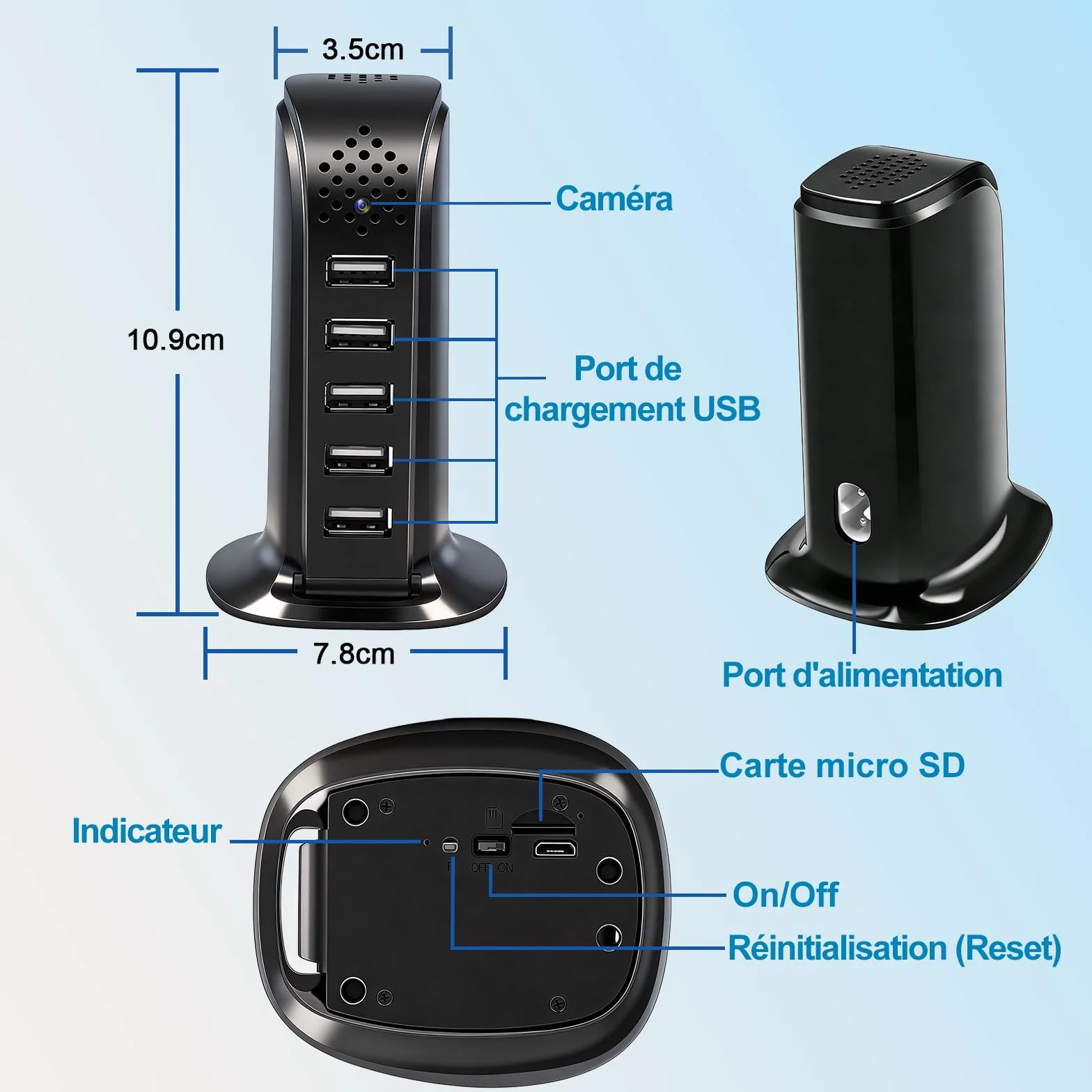 TANGMI Camera Espion, Hub de Charge 5-en-1 Mini Camera Espion sans Fil, WiFi 2.4G & 5Ghz 1080P HD avec Détection de Mouvement et Alertes Instantanées pour la Maison et Le Bureau