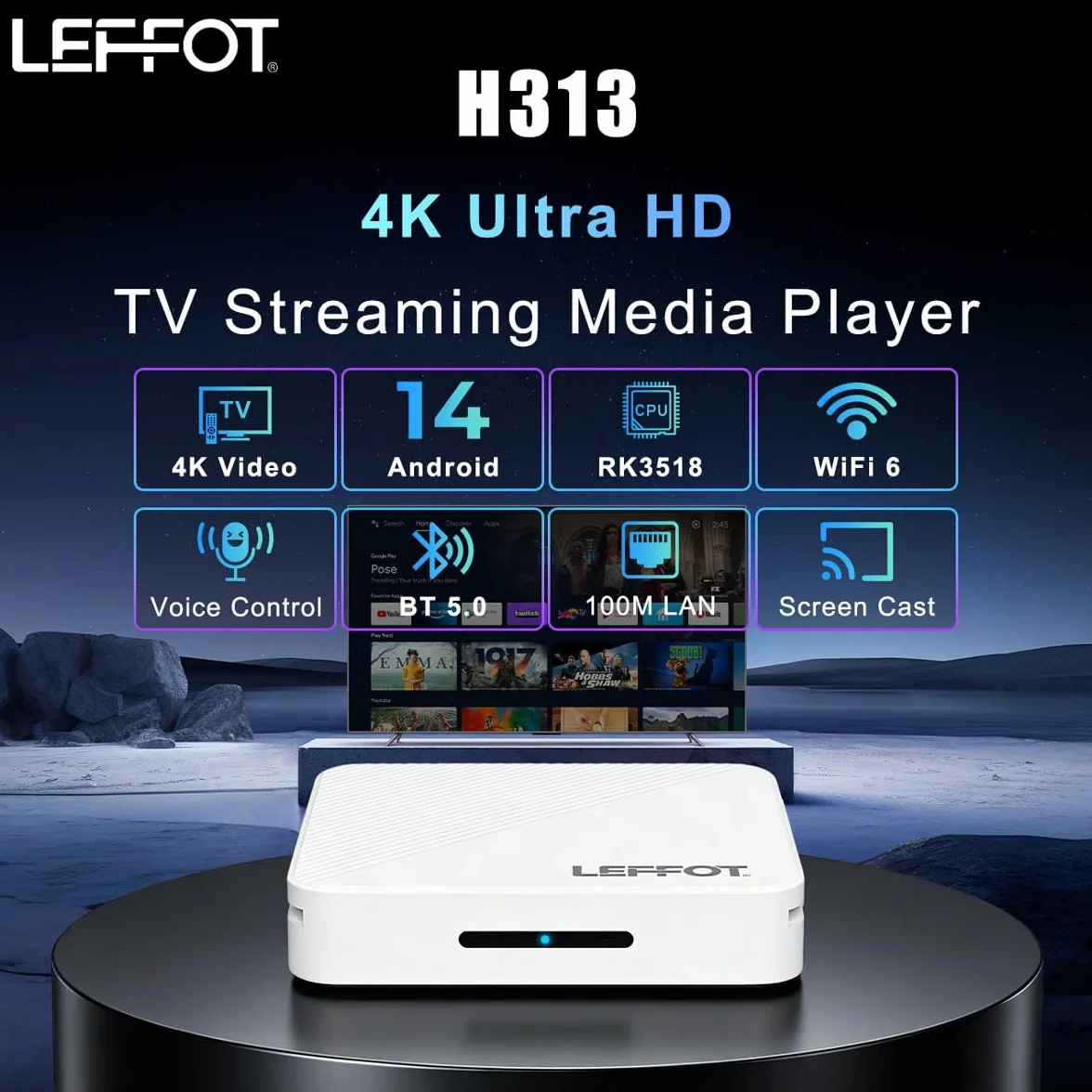 Android 14.0 TV Box 2026, 2Go RAM + 16Go ROM, LEFFOT H313 4K Ultra HD Boitier IP-TV pour Streaming, Support 2.4/5G WiFi 6, 100M Ethernet, Contrôle Vocal, BT 5.4, USB 3.0, HDR10, RK3518 Quad-Core A53