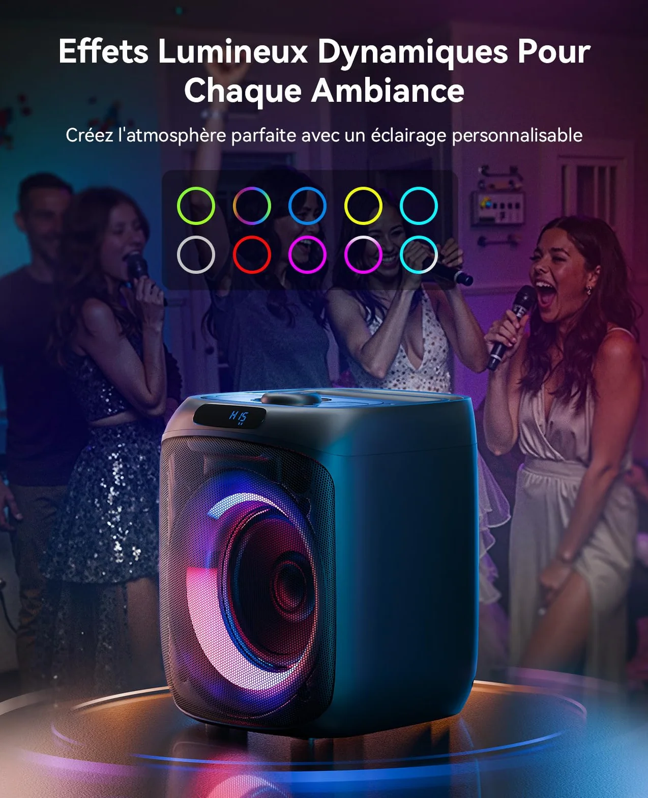 Enceinte Karaoke Adulte 400W Bluetooth sans Fil avec 2 Micros, Lumières LED, FM Radio, TWS/TF/USB/AUX