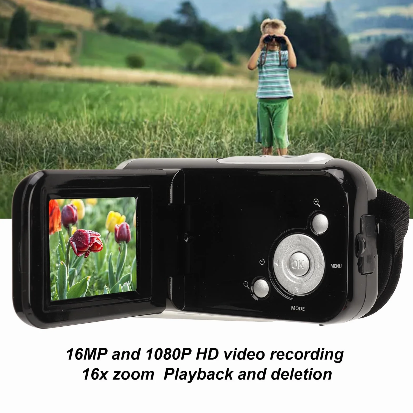Goshyda Caméscope pour Enfants 1080P HD 16x 16MP Caméra Vidéo Numérique avec écran 2 Pouces, Facile à Utiliser pour Les Enfants