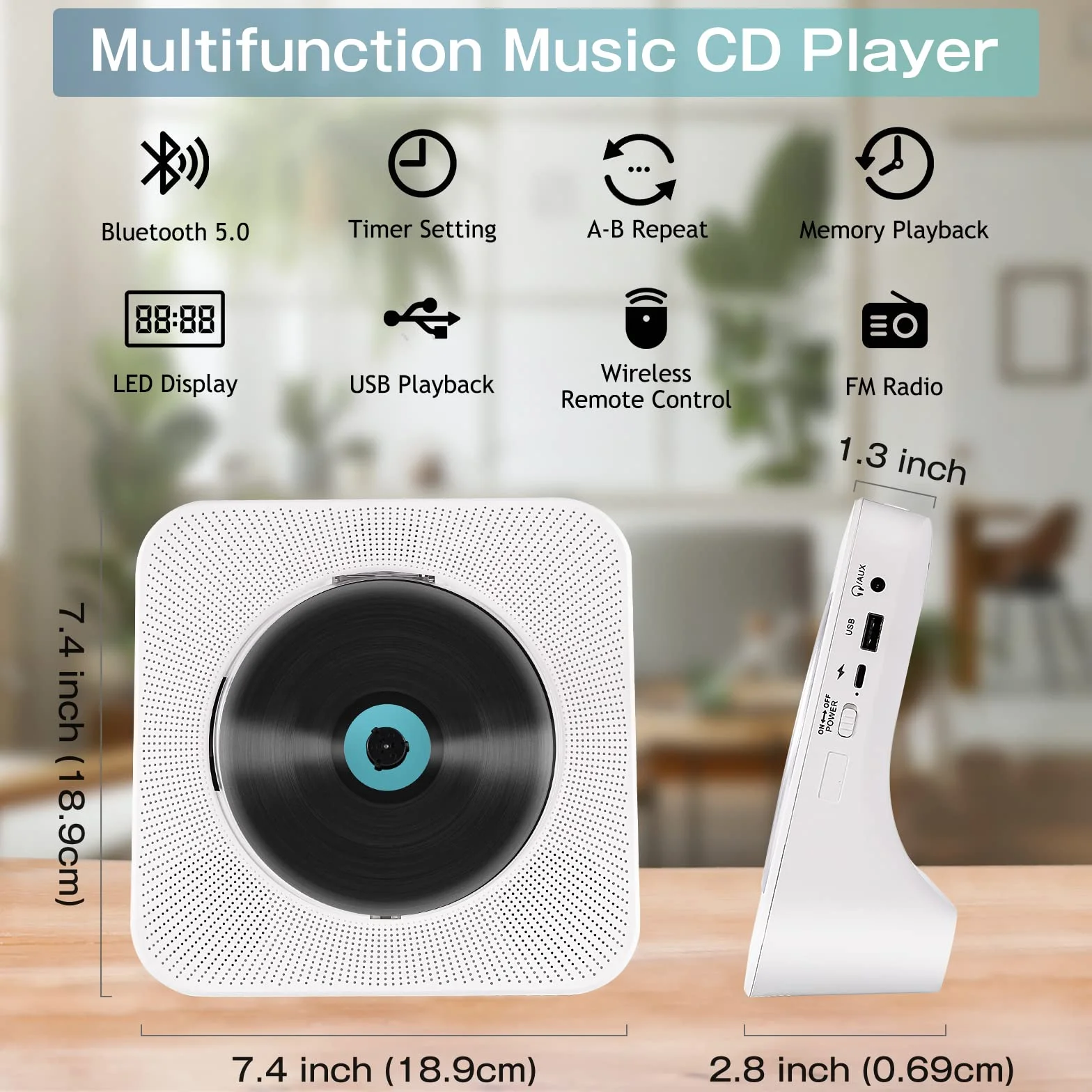 Lecteur CD Bluetooth Portable avec Radio FM, Haut-Parleurs Double, USB/AUX, Télécommande