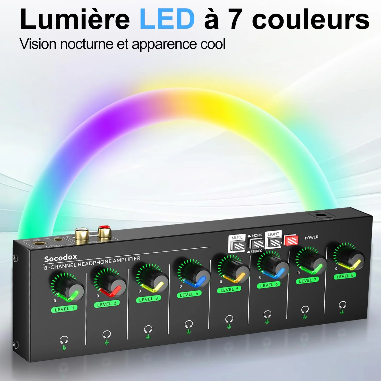 Amplificateur de Casque à 4 canaux avec Prises RCA 3,5 mm/6,35 mm, mélangeur Compact en métal avec 8 Ports de Sortie pour Casque, Interrupteur stéréo, Fonction muet, lumière RVB (8 canaux)