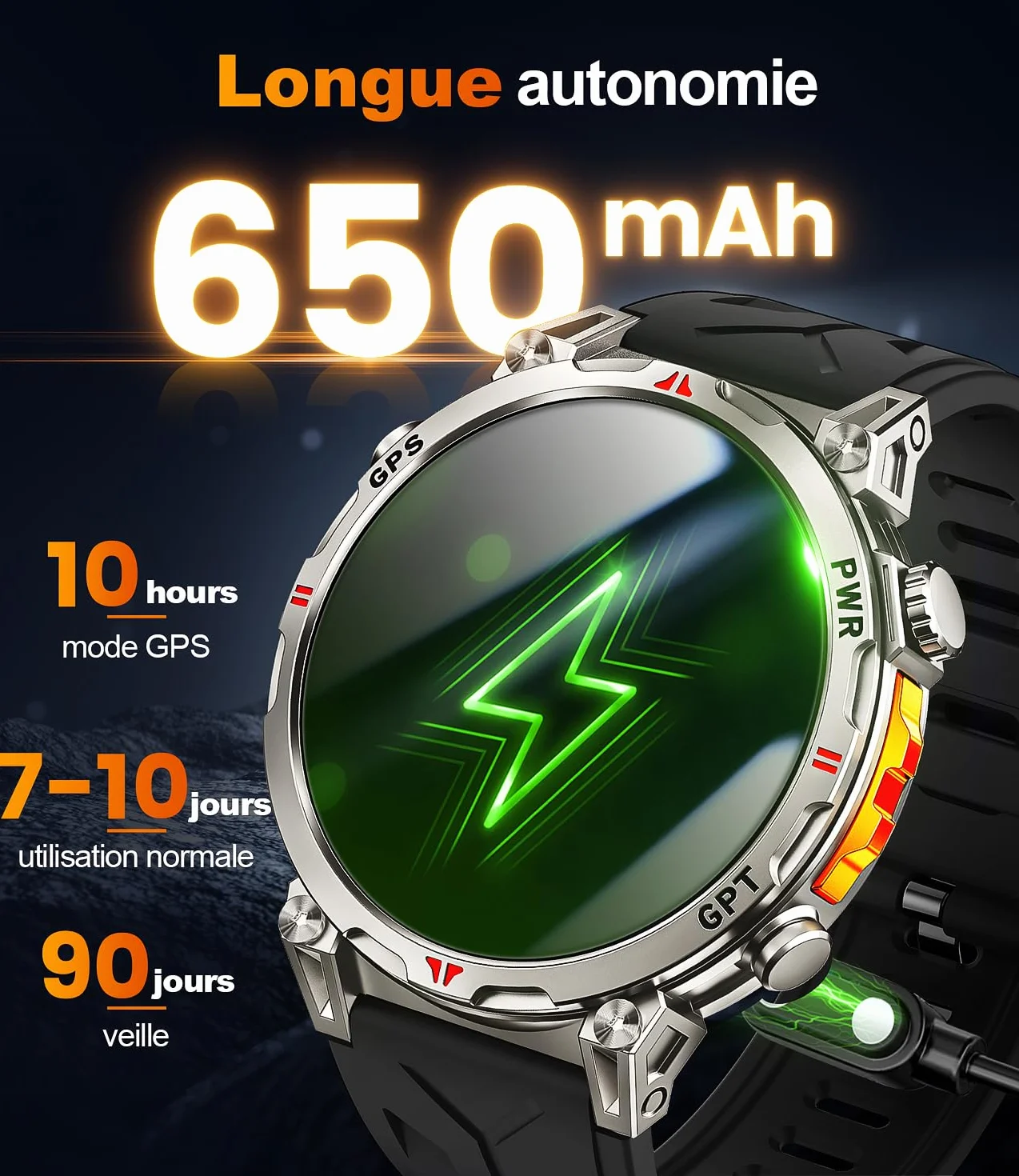 Montre Connectée Homme GPS intégré, AMOLED Appel Bluetooth, Montre Connectée pour Android et iPhone, 100+ Modes Sportifs, 3ATM étanche Montre Sport Homme avec Boussole (1.6)