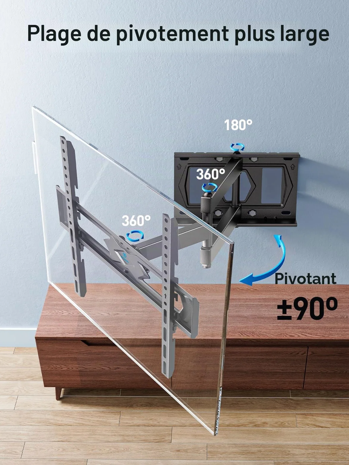 PERLESMITH Support Mural TV, pour 26-60 Pouces (66-152 cm) Télévision Jusqu'à 40kg, Fixation TV Murale Orientable et Inclinable 50 55 Pouces, Max VESA 400x400mm PSMFK10