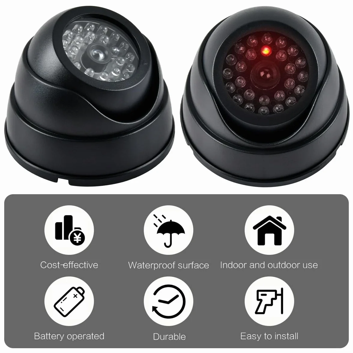 2pcs Caméras Factices de Surveillance CCTV, Fausse Caméra de Sécurité Factice avec Lumière Led Clignotante, Caméra Surveillance Factice Étanche pour Extérieur Intérieur avec 2 Panneaux de CCTV + Vis
