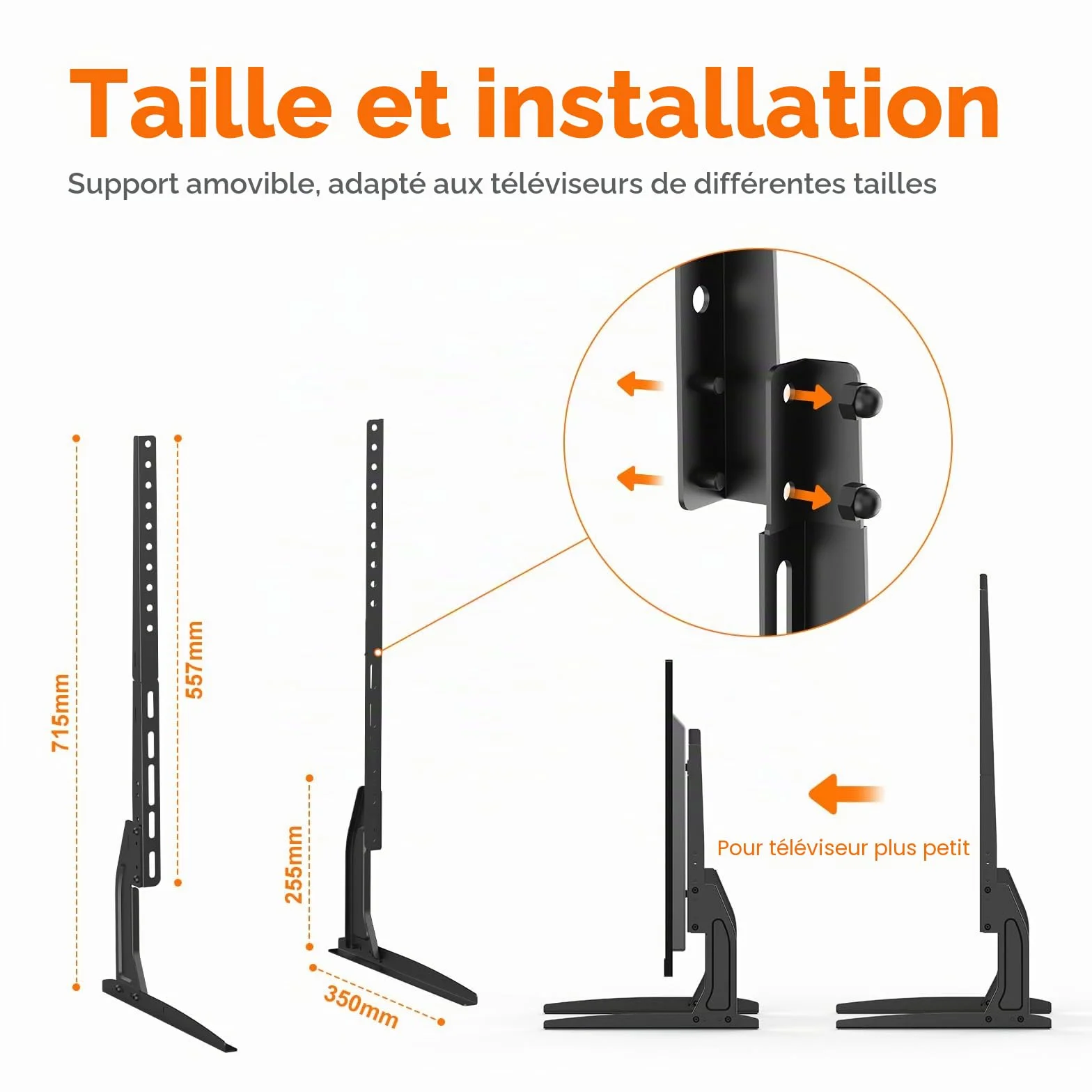 GRIFEMA Pied TV Universel pour Téléviseurs 22"-80", Hauteur Ajustable, Supporte Jusqu'à 50kg, VESA Max 800x400mm, Montage Facile - Noir