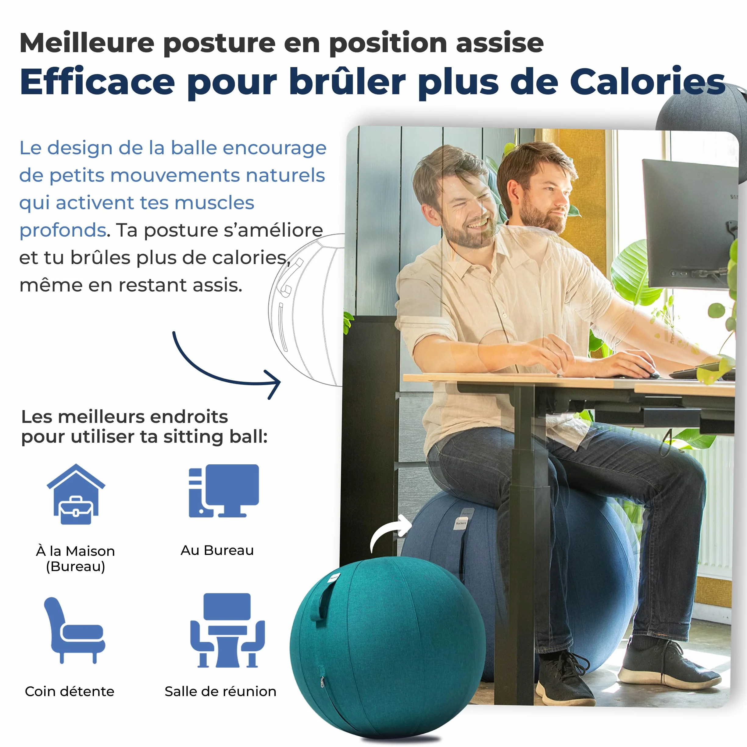 Ballon Ergonomique Bureau 55CM 65CM 75CM Capacité 110kg Housse Lin Lavable Bonne Posture