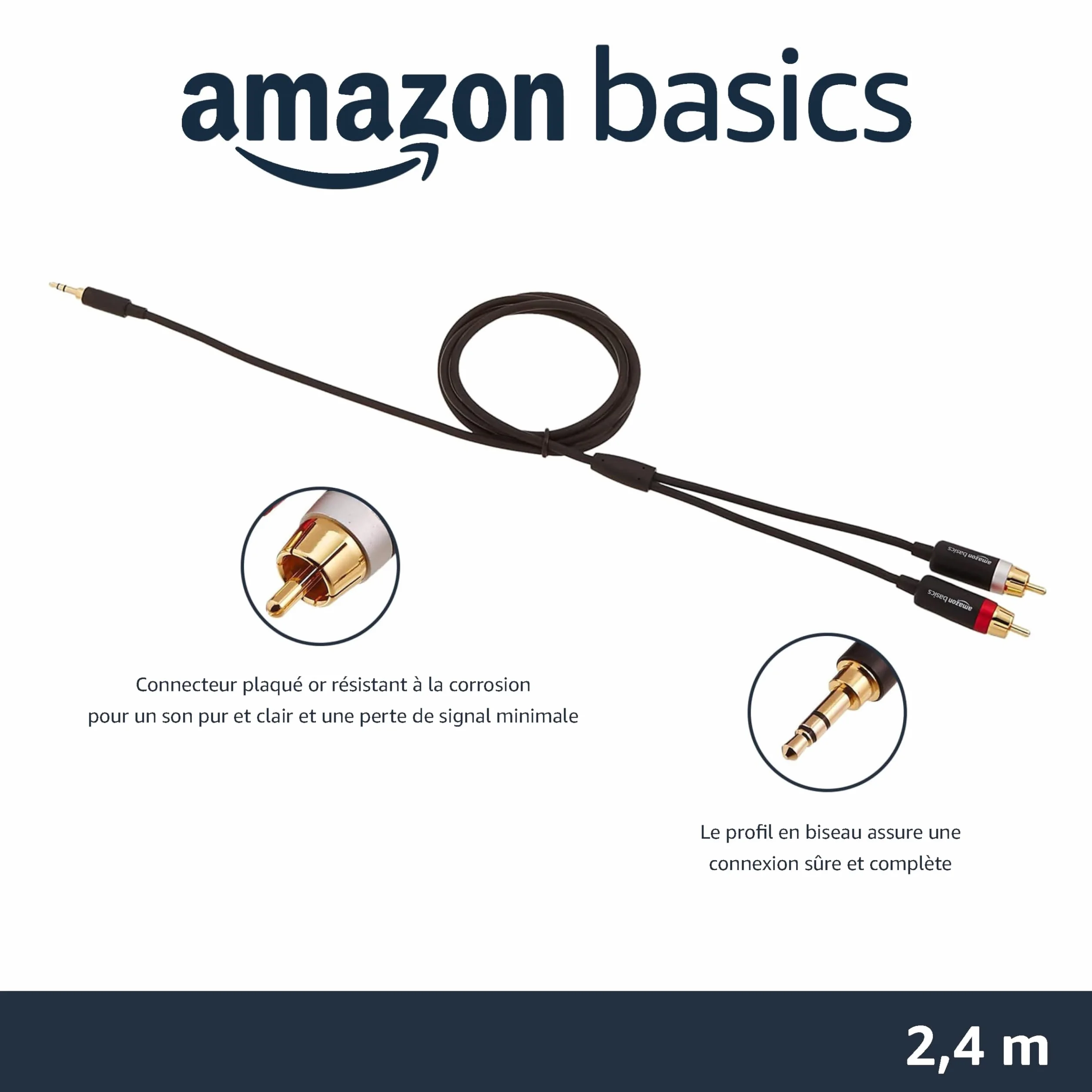 Amazon Basics Câble adaptateur audio auxiliaire 3,5 vers 2 RCA 2,4 m Noir prises plaquées or