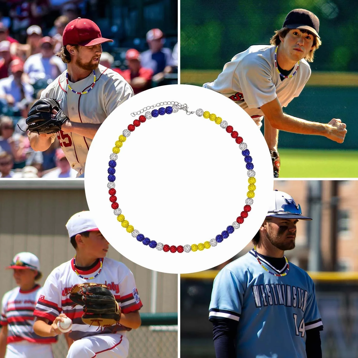 Collier de Baseball de Philadelphie Strass Scintillants Colliers Perles Inspirés Sport d'Athlète Bijoux pour Hommes Femmes 4 Couleurs