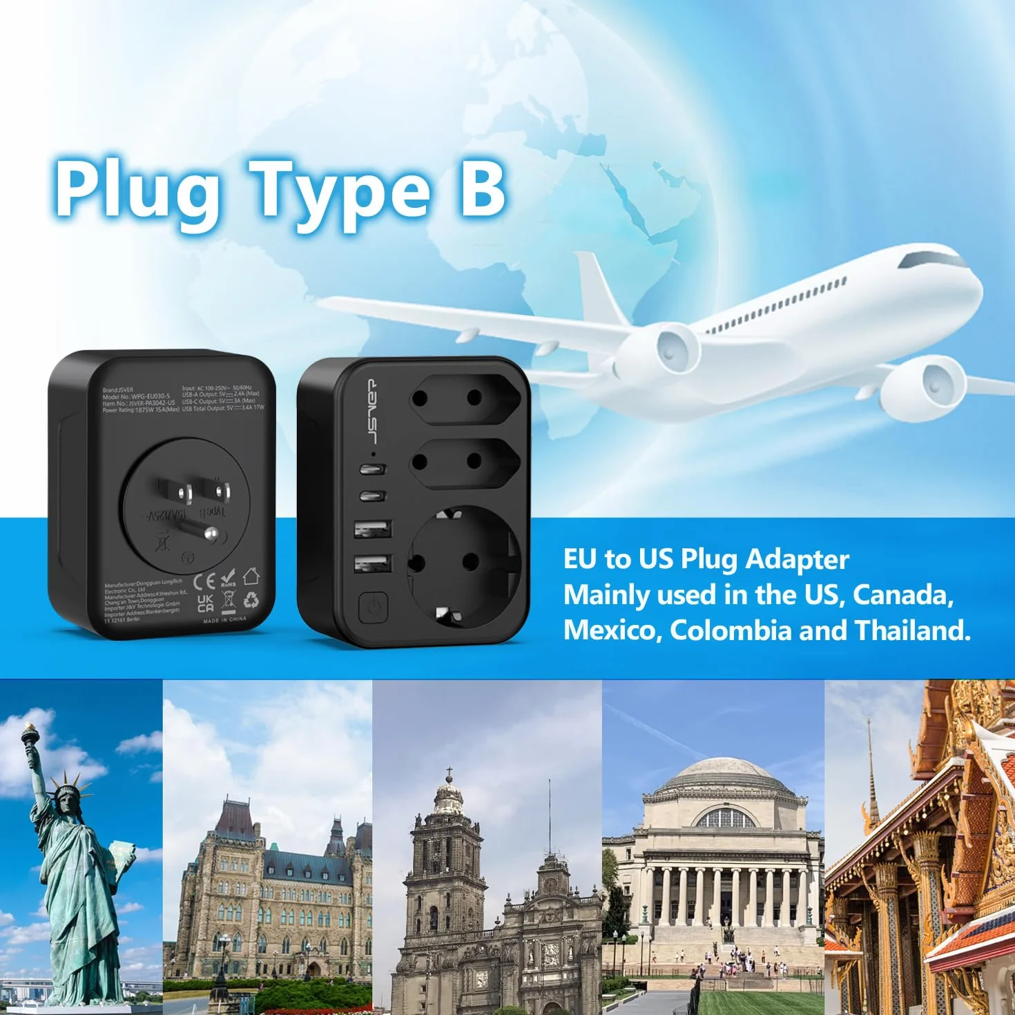 JSVER Adaptateur de Voyage 7 en 1 France vers États-Unis Canada 4 Ports USB 2A+2C Prises Type B Noir