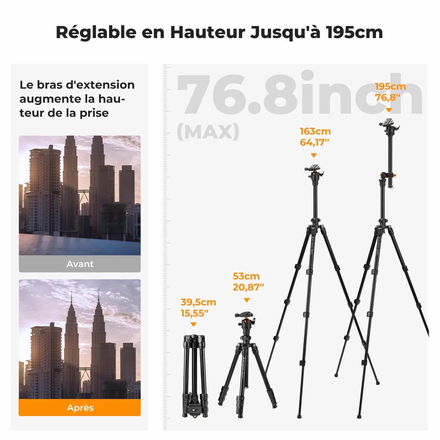 K&F CONCEPT Trépied d'appareil Photo et Smartphone avec Bras d'extension 195cm, Aluminium léger et Compact, Compatible avec Canon Nikon Sony DSLR iPhone Samsung, Tête sphérique à 360°, 8kg Charge Max