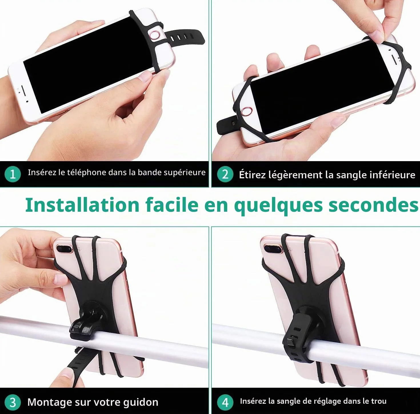 Support en silicone pour téléphone portable pour vélo, universel, rotatif à 360°, compatible avec iPhone SE/11/12/13/14 Pro Max/X/XS MAX/XR/8'' à 6,5'' Smartphones