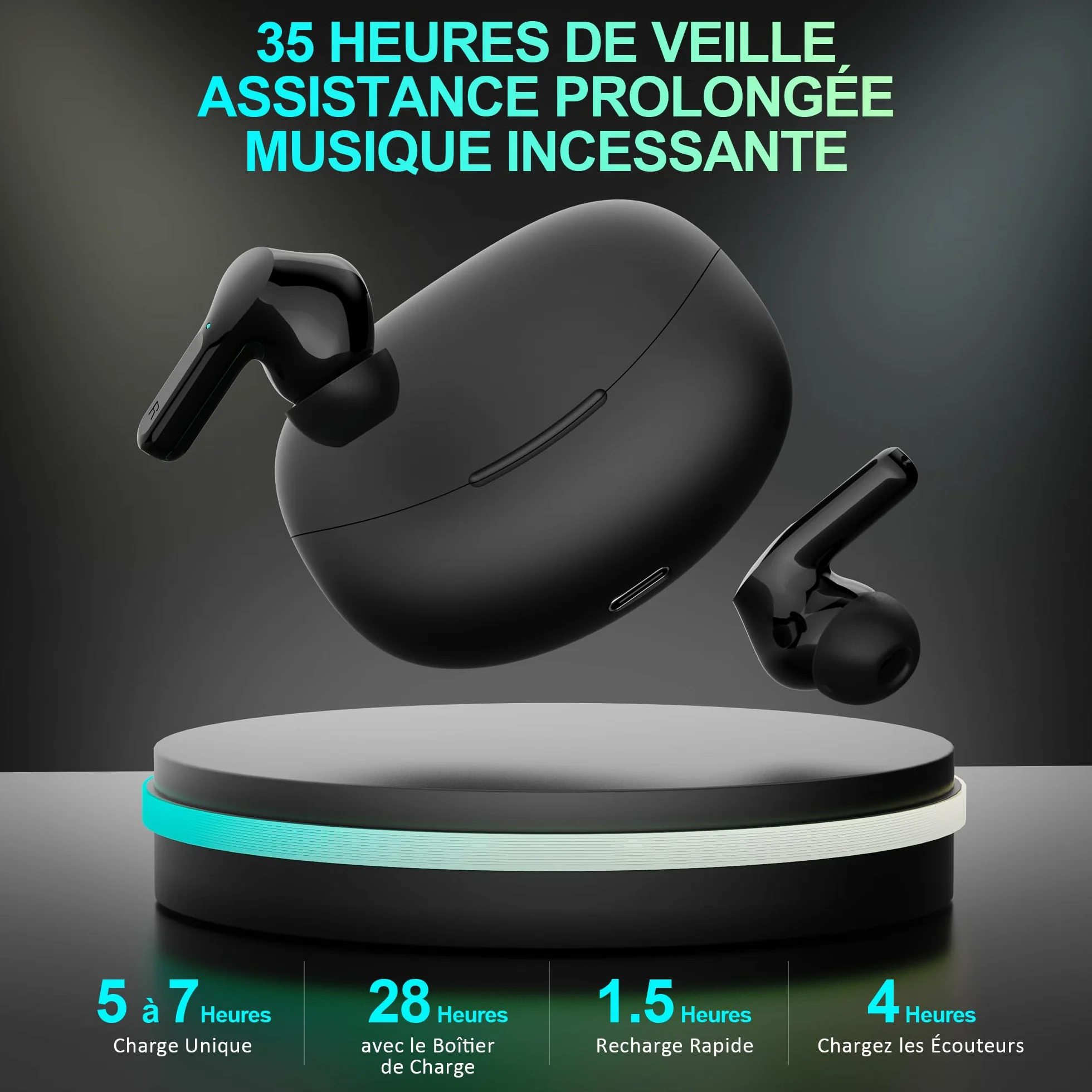 Ecouteurs Bluetooth sans Fil, Bluetooth 5.3 Ecouteurs sans Fil,Ecouteurs Hi-FI Son Stéréo,Écouteurs 35H Durée de Lecture CVC USB C Casque pour iOS Galaxy Xiaomi Oppo Android, Noir