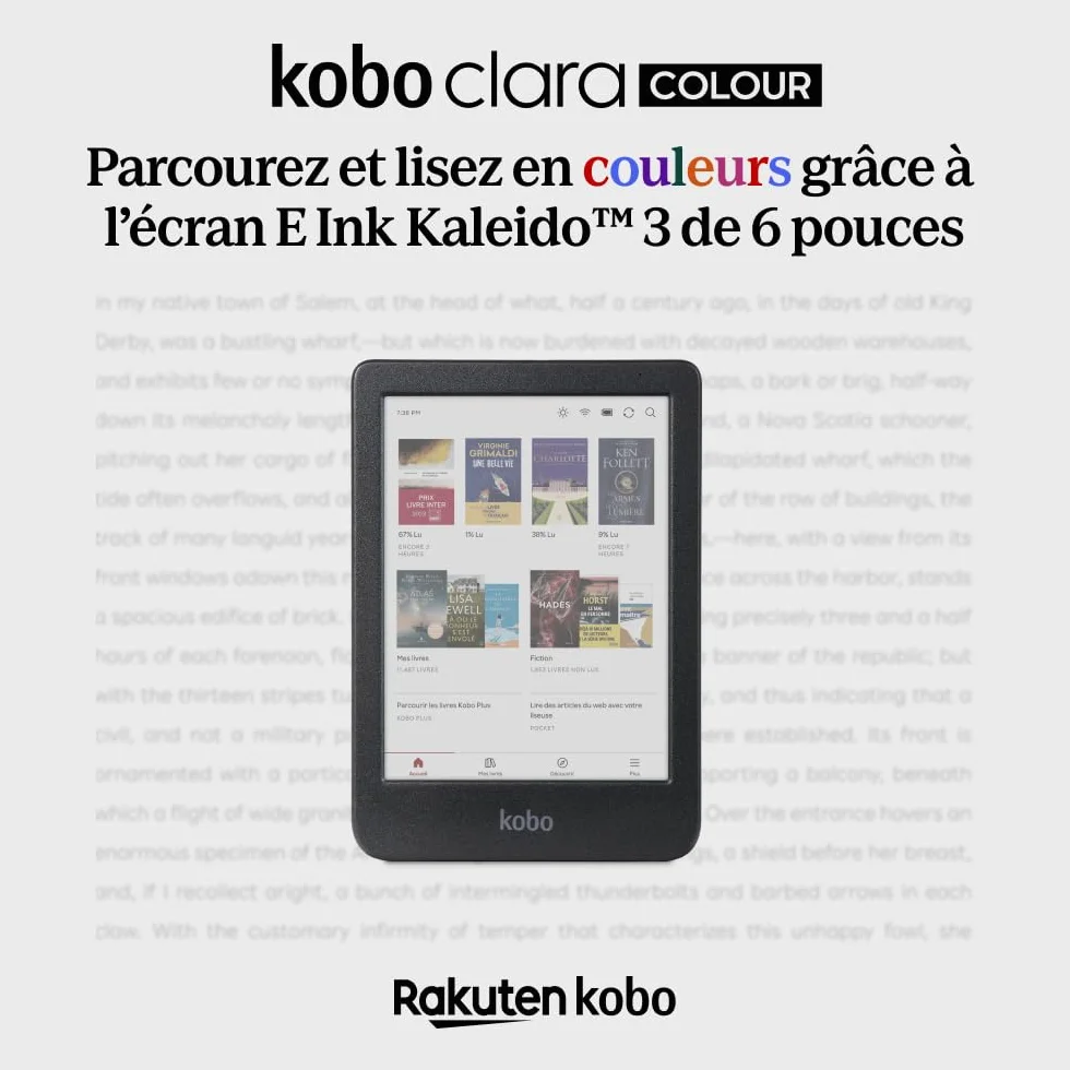 Kobo Clara Colour | Liseuse eBook Couleur | Écran Couleur E Ink Kaleido™ 3 sans Reflets de 6" | Option Mode Sombre | Étanche | Livres Audio | 16 Go de Stockage | Noir