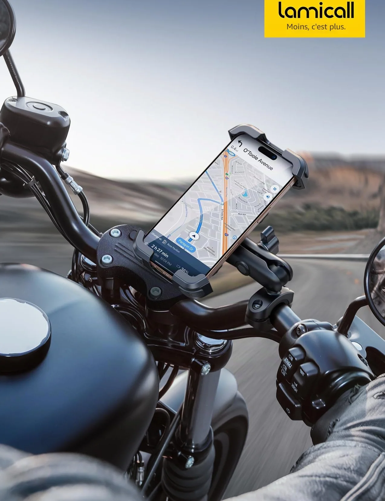 Lamicall Support Téléphone Moto Antivol Double Anti-Vibration Bras Extension Métal pour Guidon Vélo 360° Pivotant iPhone 16 15 14 4,7-6,7"