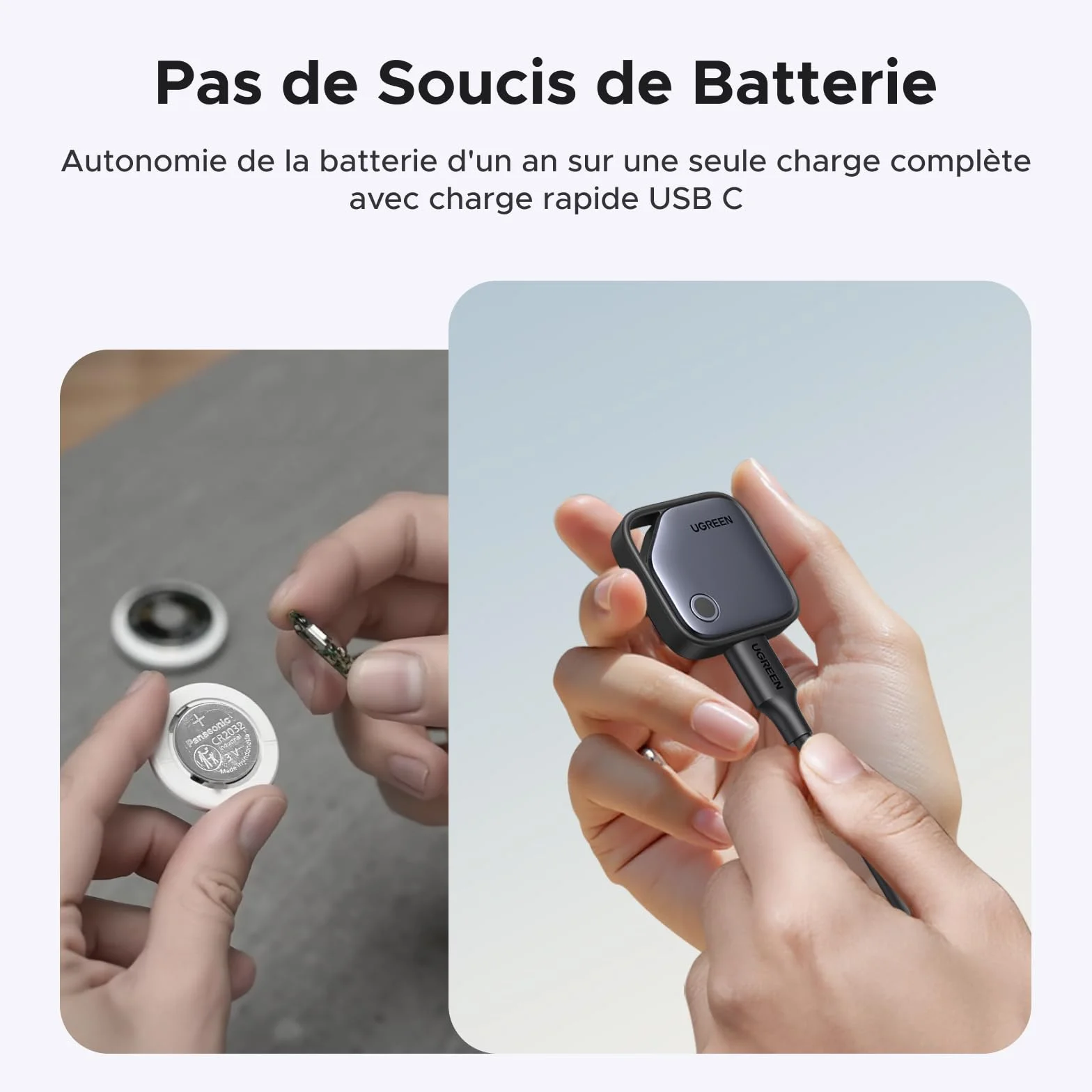 UGREEN FineTrack Tag Traceur Fonctionne avec Find My (iOS Uniquement) Chargement USB C Localisateur d'Objets Bluetooth pour Clés Valises Portefeuilles Wallet Bagages Sacs avec Câble USB C Lot de 4