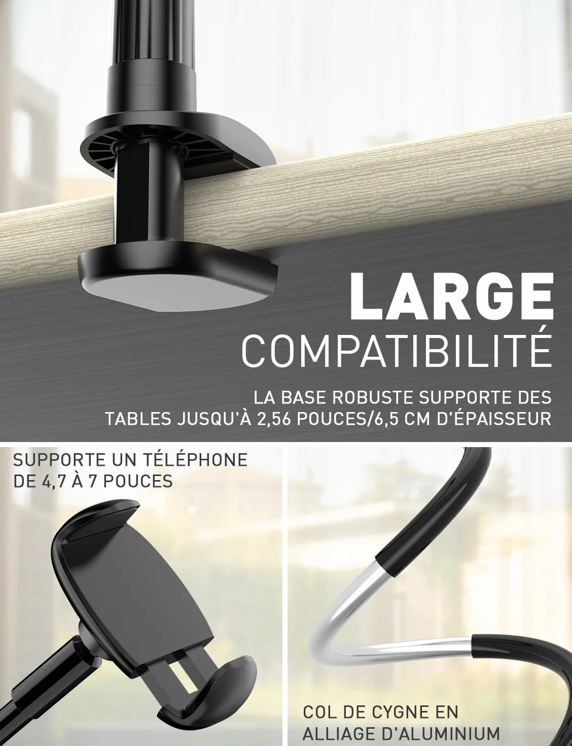 TRYONE Support de téléphone pour lit Flexible Long Bras réglable de en col de Cygne pour iPhone, Smartphone, Longueur Totale 90cm/35 Pouces