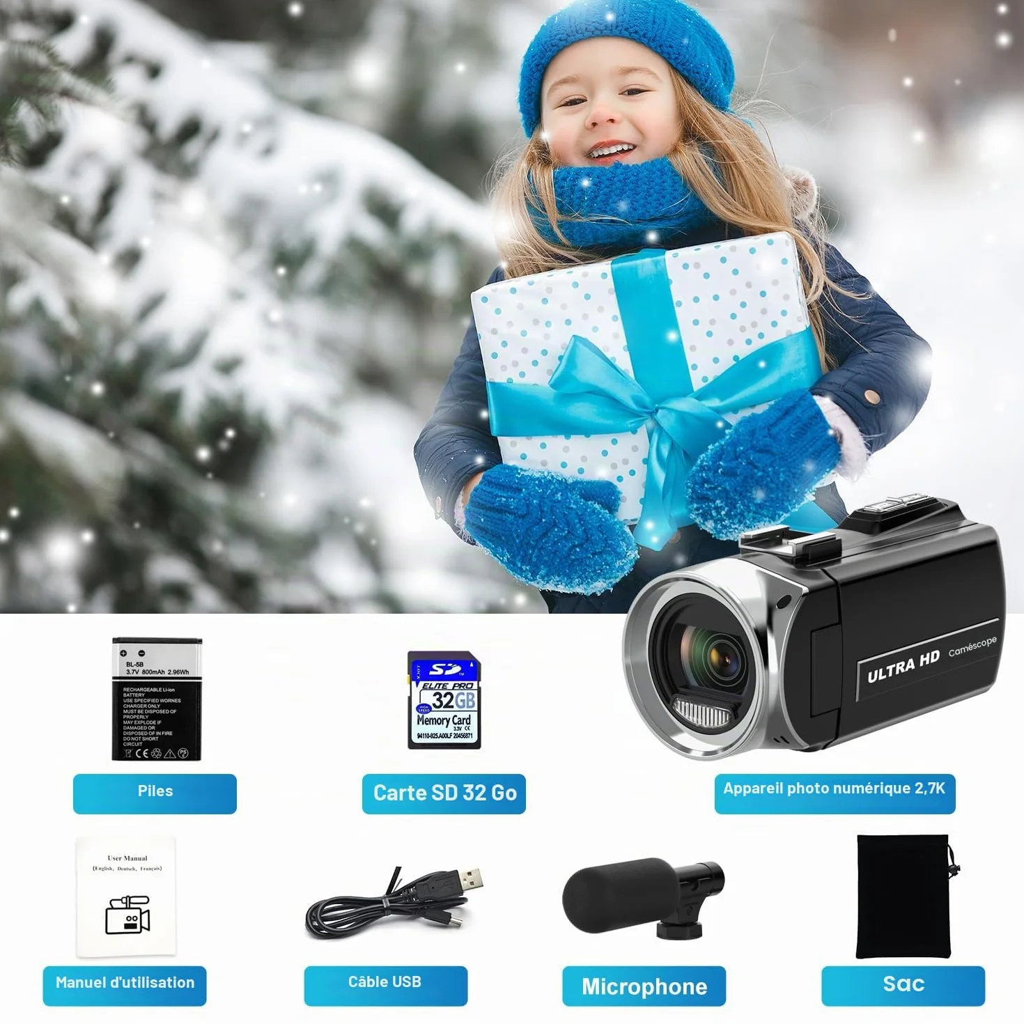 4K Caméra Vidéo Ultra HD 1080P pour Youtube, Zoom Numérique 18X, Écran IPS 3 Pouces Rotatif à 270°, Microphone Intégré