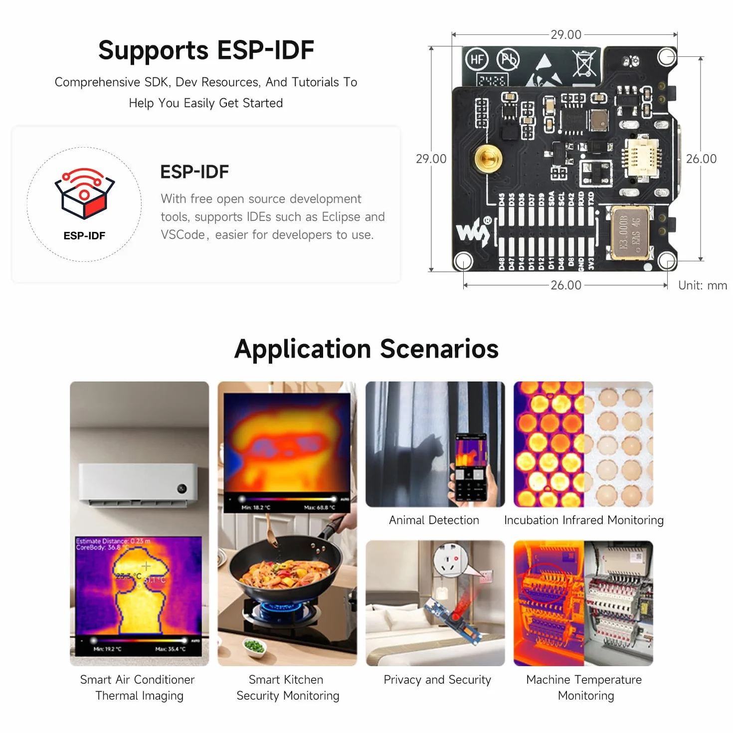 Waveshare ESP32-S3 Infrared Wireless IR Thermal Imaging Camera Module, Type-C Port, 80x62 Array Pixels Basic Version 45 ° Field of View Angle