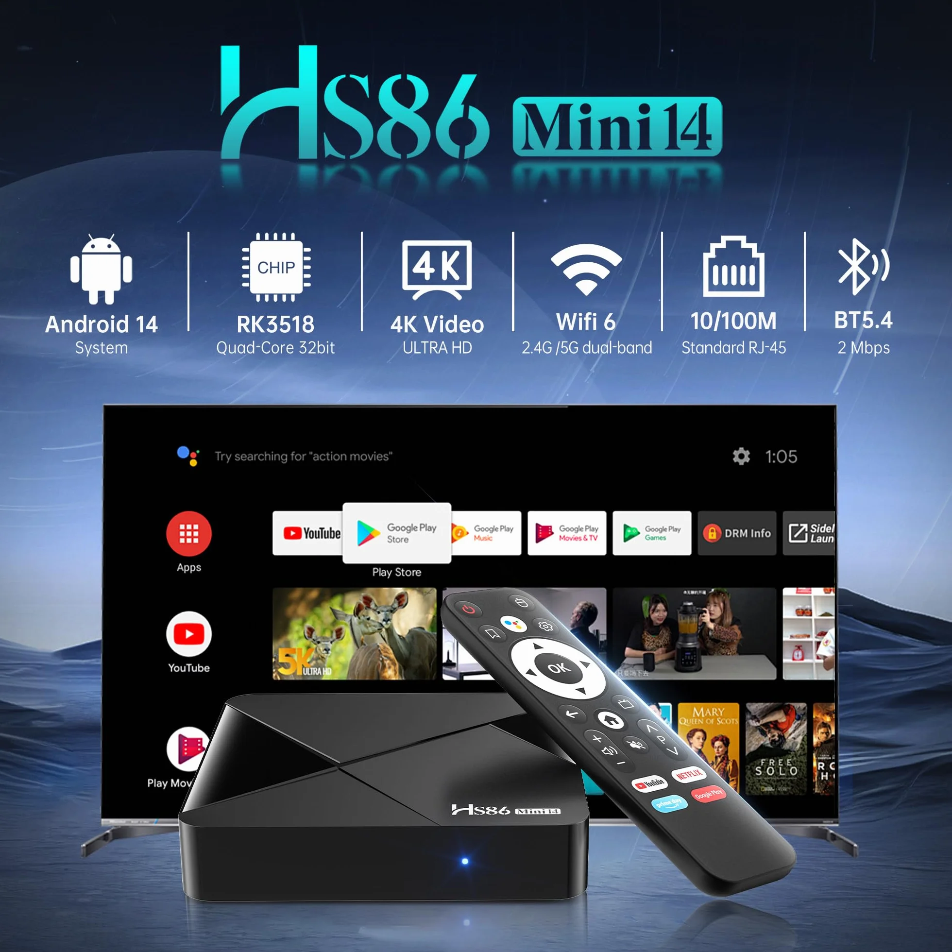 Boitier Android 14.0 TV Box, TV Box Android with RK3518 Quad-Core 32bit Cortex-A53 Chip Mali 450 MP2 GPU Support 2G RAM 16G ROM Ethernet 10/100M 2.4G /5G Dual-Band WiFi HD 4K BT V5.4 Smart TV Box