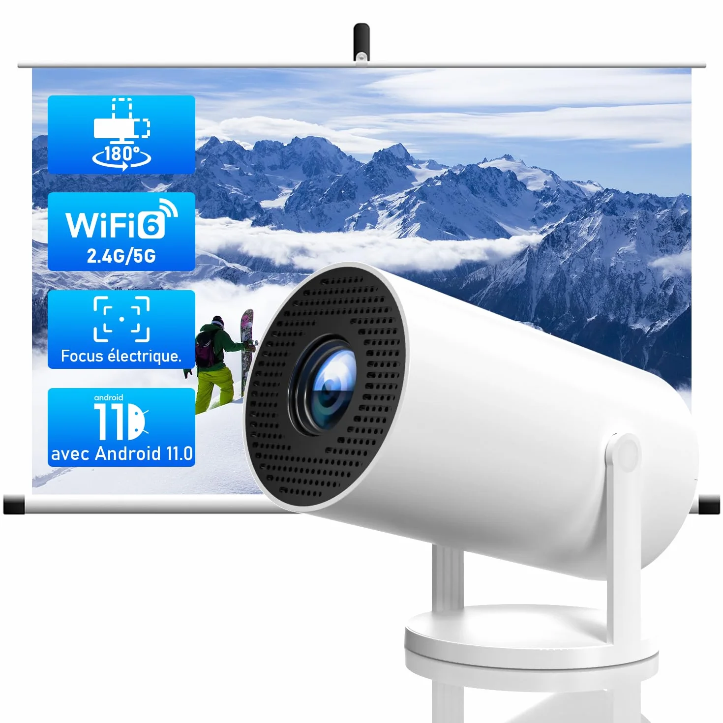 Mini projecteur portable Android 11 4K Ultra HD Smart 150" 5G WiFi6 BT5.4 rotatif 180° projecteur de film extérieur