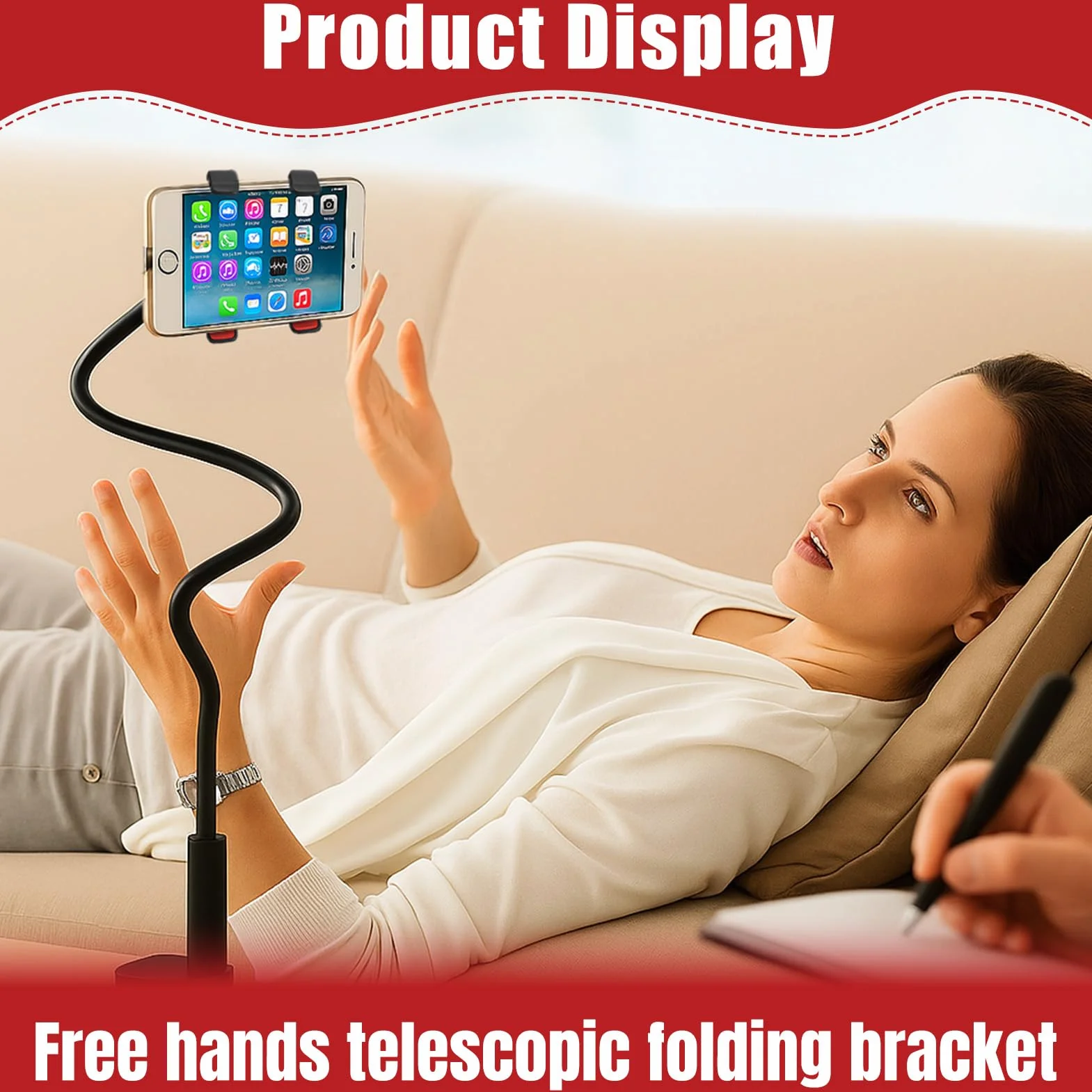 Support Téléphone Lit Pince Forte, Bras Flexible 75cm Antivibration, Support Smartphone Col de Cygne 360°, Support Mains Libres pour Regarder Vidéos, Compatible iPhone Samsung