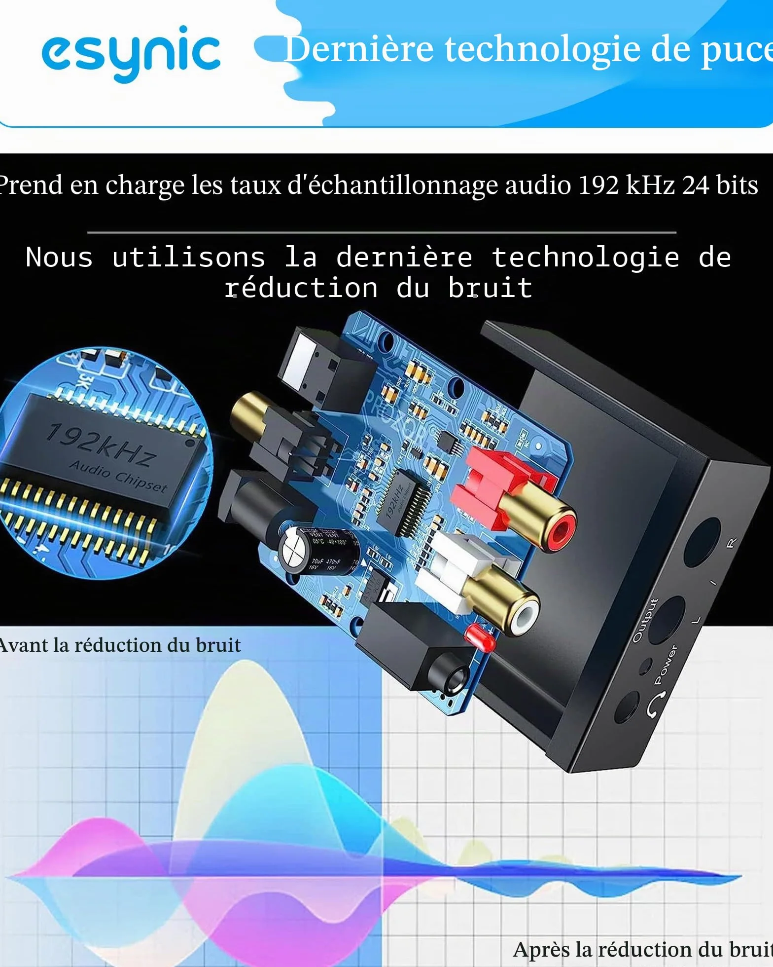 eSynic DAC convertisseur audio numérique vers analogique RCA L/R 3,5 mm câble optique PS3 Xbox 360 HDTV