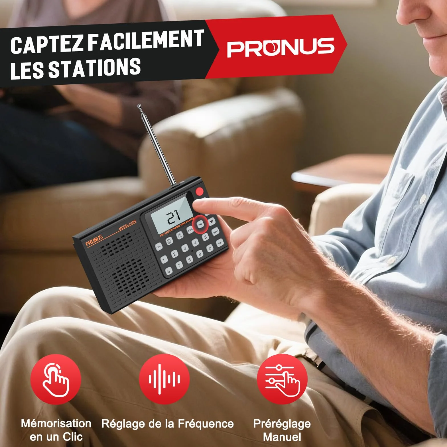 PRUNUS J-168 Petite Radio Numérique, Mini Radio Portable Rechargeable 2000 mAh, 99 Préréglages, Réveil, Bluetooth