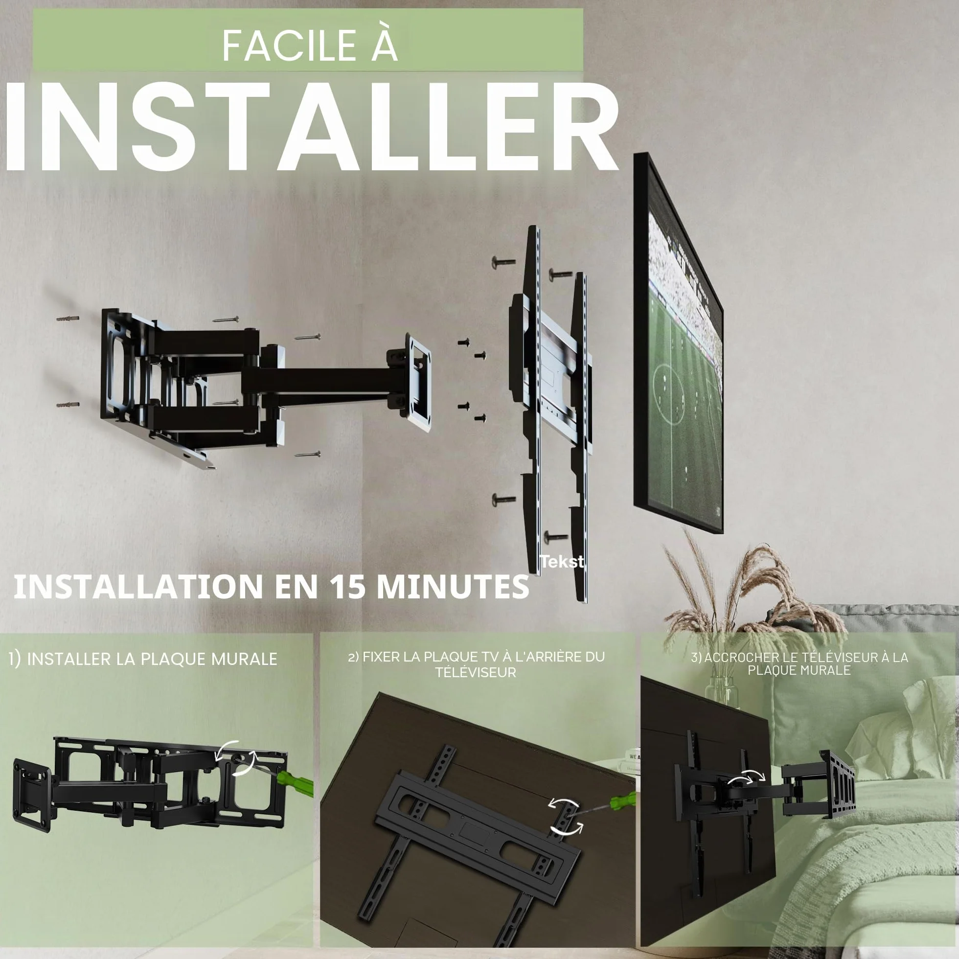 Support Mural TV, Inclinable et Orientable Support TV pour écrans 32-65 Pouces jusqu'à 40Kg -VESA 400 x 400 mm
