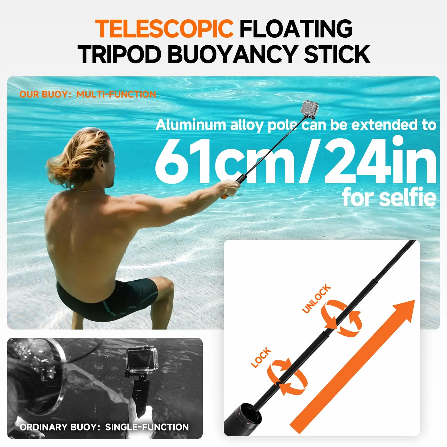 Svbony (2nd) Perche à Selfie 3in1 étanche Compatible avec GoPro Hero 13, 12, 11, 10, 9, 8, Compatible avec DJI Osmo Action 5 Pro 4 3, Compatible avec Insta360 Ace Pro 2, Convient aux Sports Nautiques