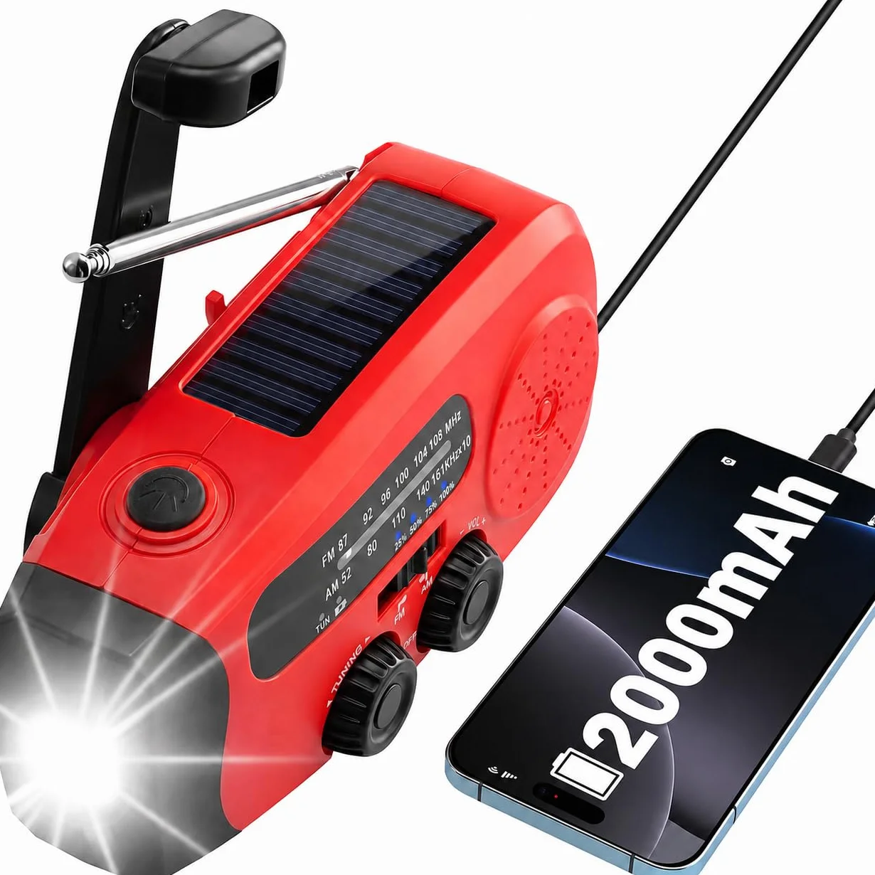 Radio Solaire Auto-alimentée 2000mAh AM/FM Portable à Manivelle Dynamo avec Lampe LED Alarme SOS Chargeur Téléphone Kit Survie Camping Rouge