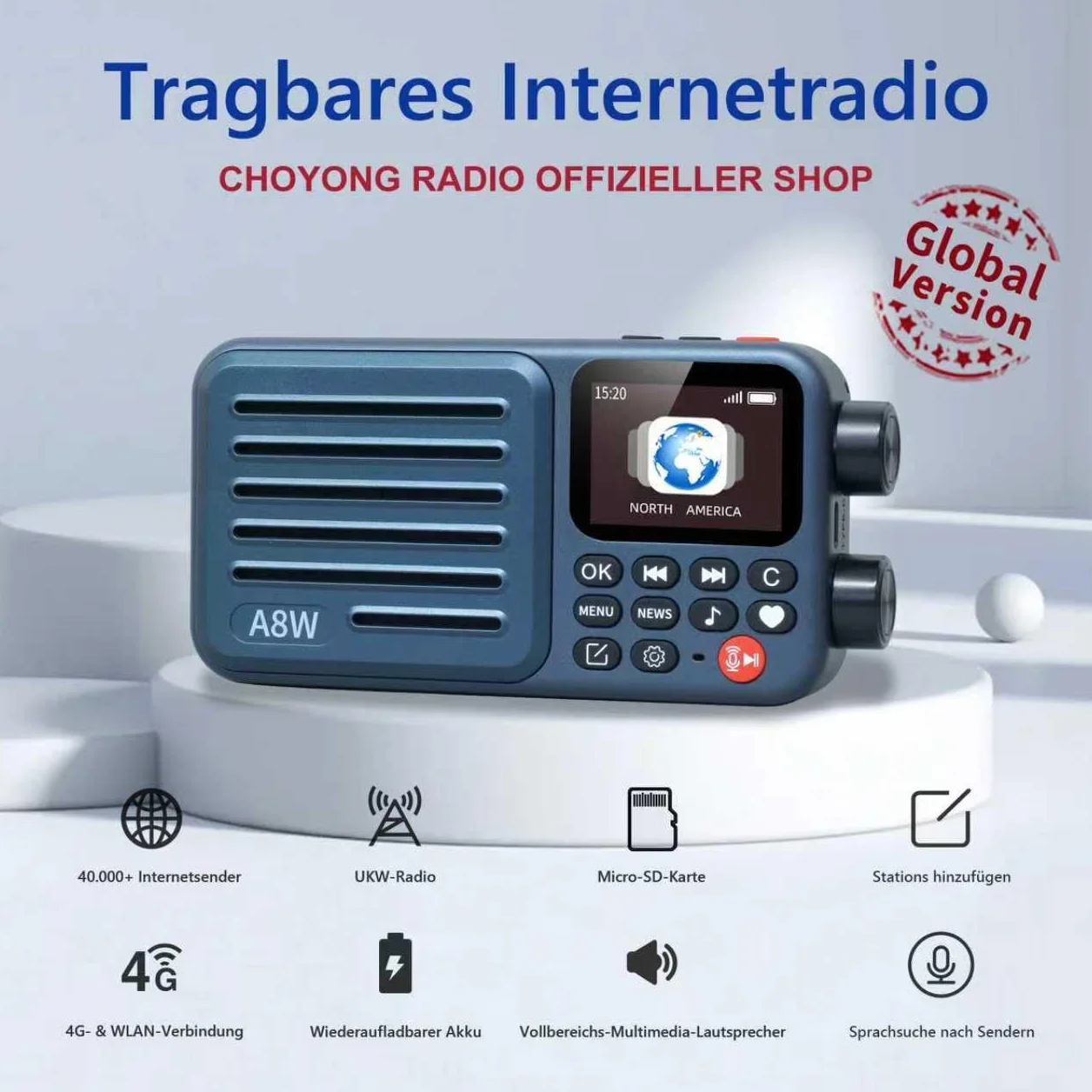 Choyong Récepteur radio Internet intelligent A8W - WiFi / 4G - Haut-parleur avec FM, carte micro SD, tous les radios du monde, pour la maison avec WiFi, radio numérique, choyoung A8W
