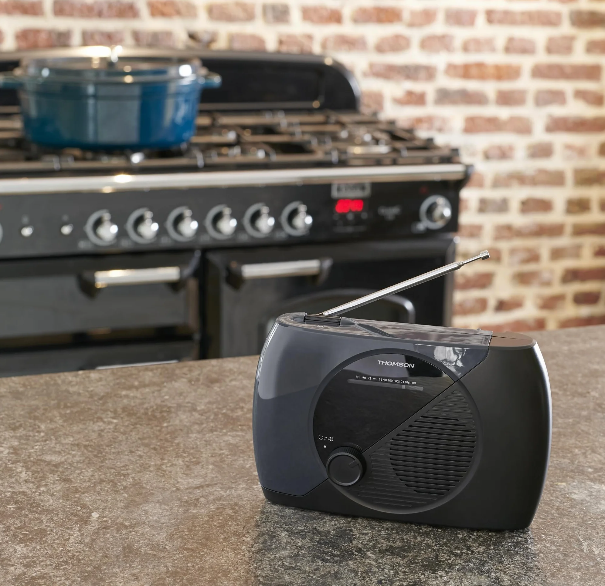 THOMSON Radio Portable FM, Tuner Analogique, Secteur ou Piles - Poste Compact pour Écoute En Tous Lieux, Couleur Bleu/Noir - RT350