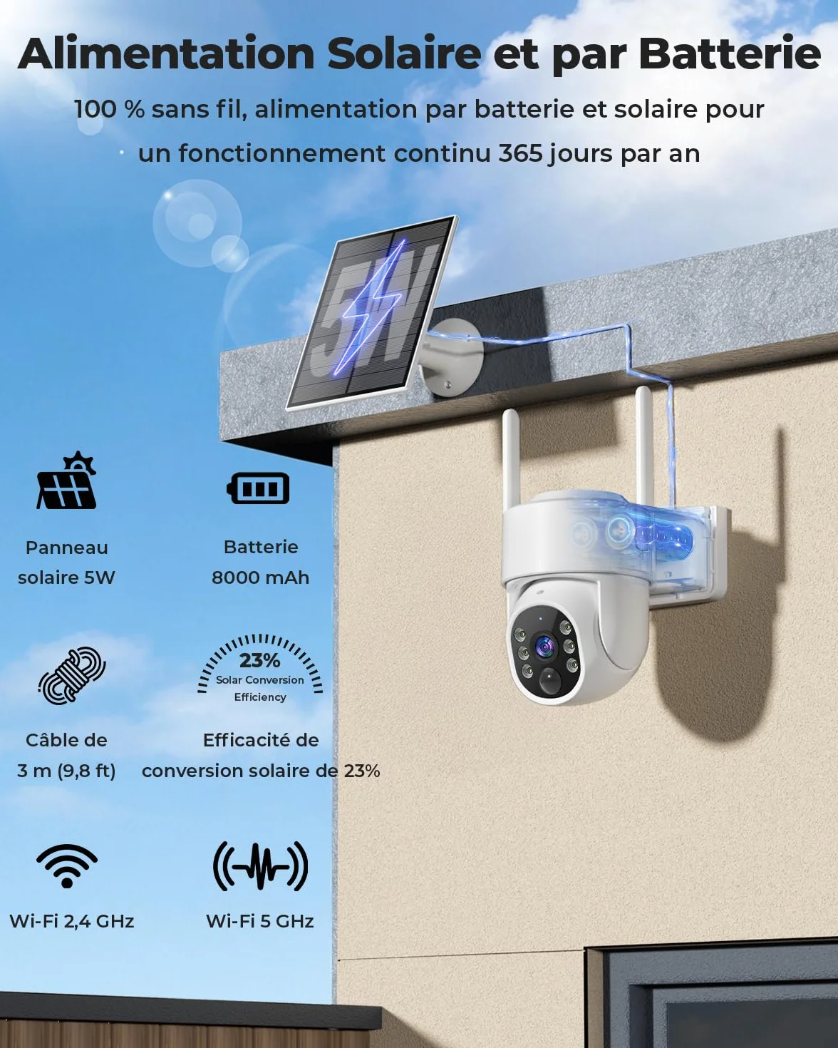 WESECUU Camera Surveillance WiFi Exterieure sans Fil Solaire 2.5K 4MP avec Panneau Solaire 5W, 360° PTZ, IP66