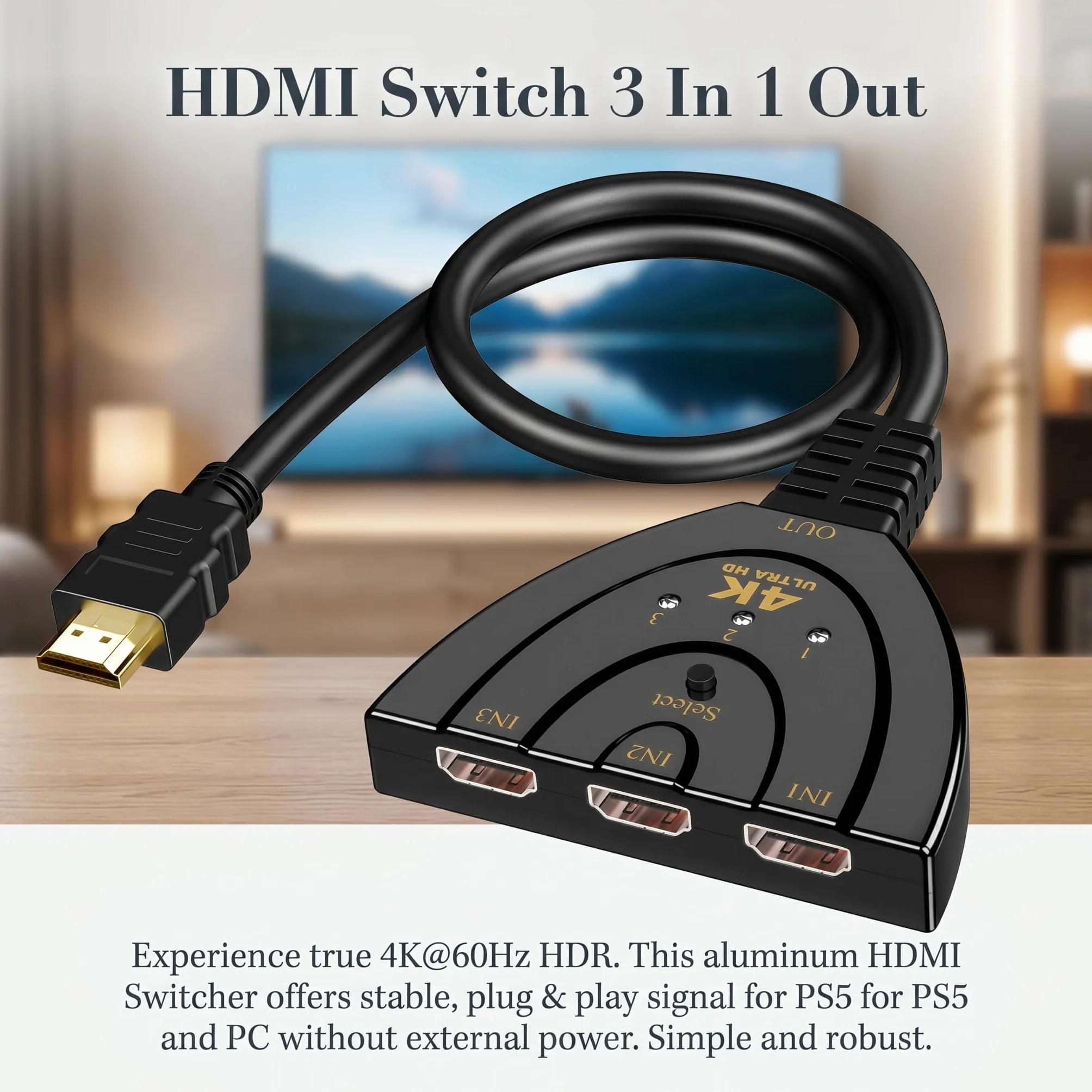 Ruvan Switch HDMI 4K, Multiprise HDMI 3 Entrées 1 Sortie avec, Commutateur HDMI Automatique Ultra HD 1080P 3D HDR, Multi HDMI pour TV, PS5, PS4, Blu-Ray, PC