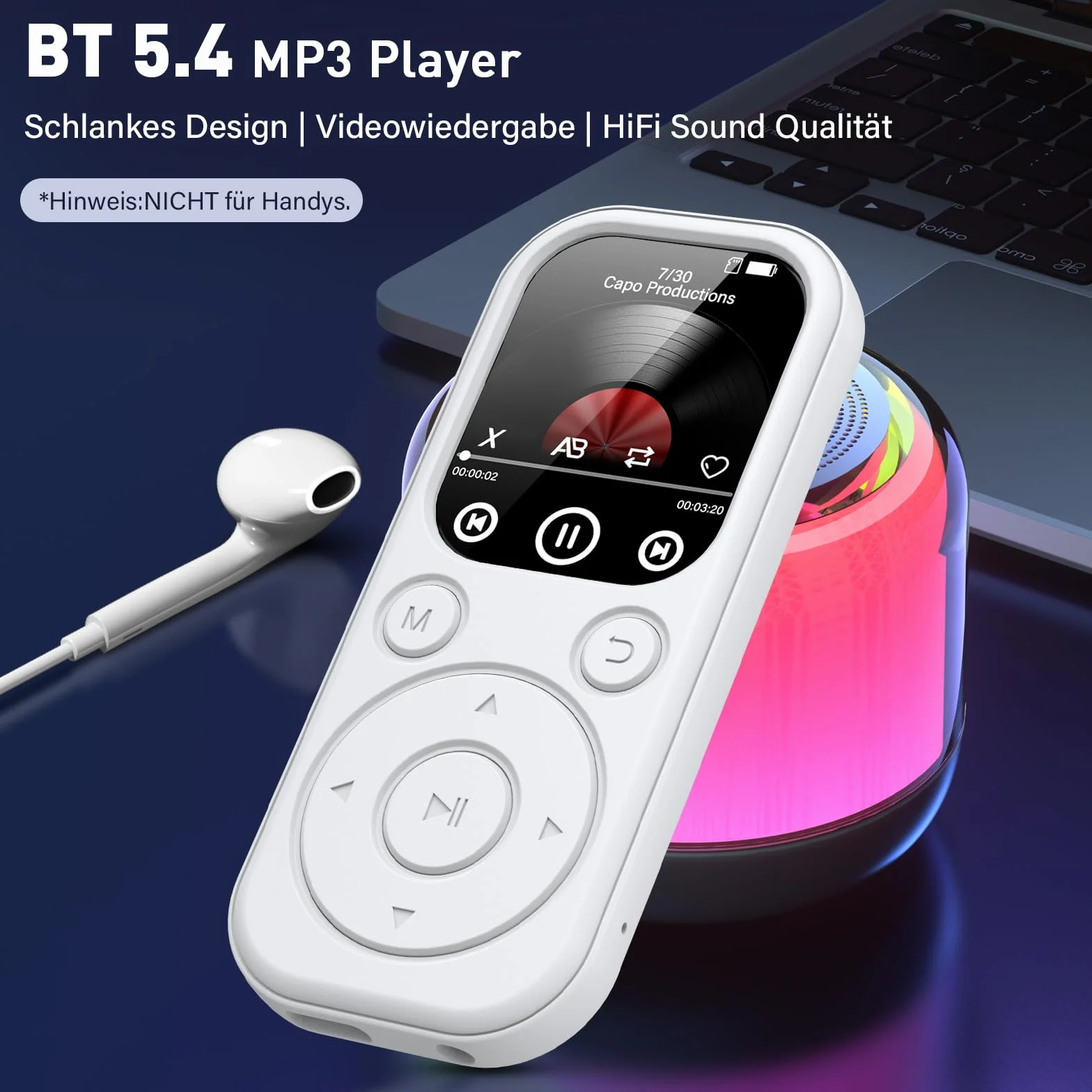 Lecteur MP3 Bluetooth 128 Go avec Radio FM, Enregistreur Vocal, Son HiFi, Blanc