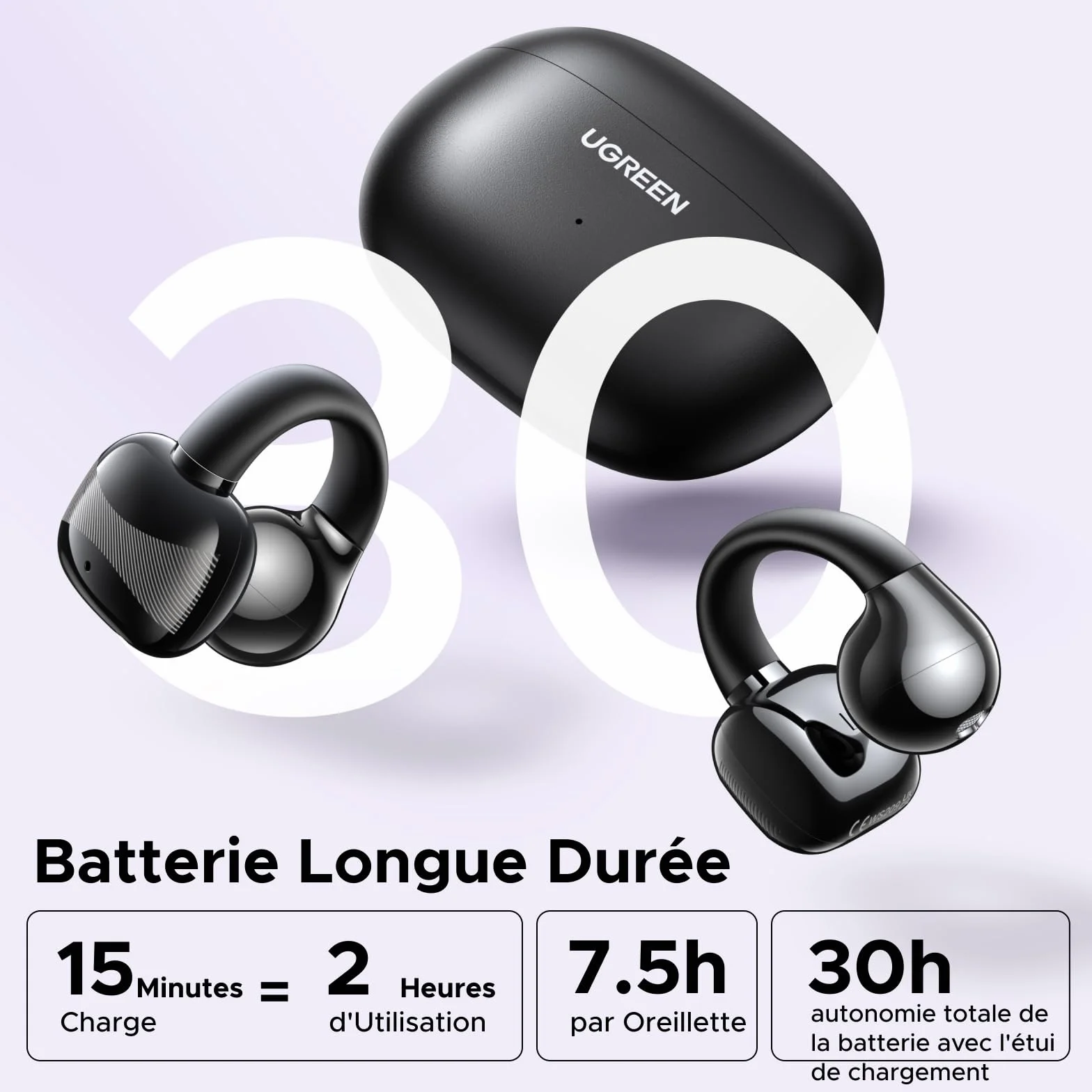 UGREEN HiTune S3 Écouteurs Bluetooth sans Fil Sport Écouteurs Clip Oreille Ouvert ENC DNN Antibruit Bluetooth 5.4 30H Autonomie USB C Charge Étanche à l'eau IPX5 pour Runing Cyclisme Noir