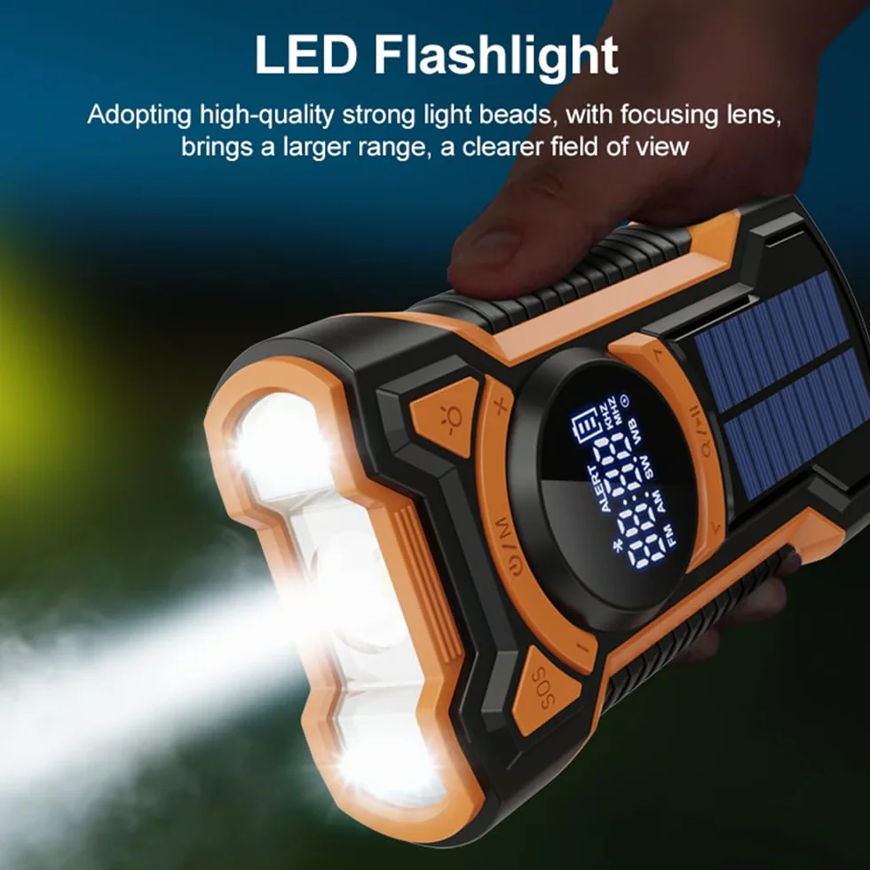 Rechargeable Portable Radio Dynamo avec Lampe de Poche LED, Power Bank 5000mAh AM/FM Radio Manivelle Solaire, SOS Alarm/Lampe Poch/3W Haut-parleurs, Outdoor, Emergency